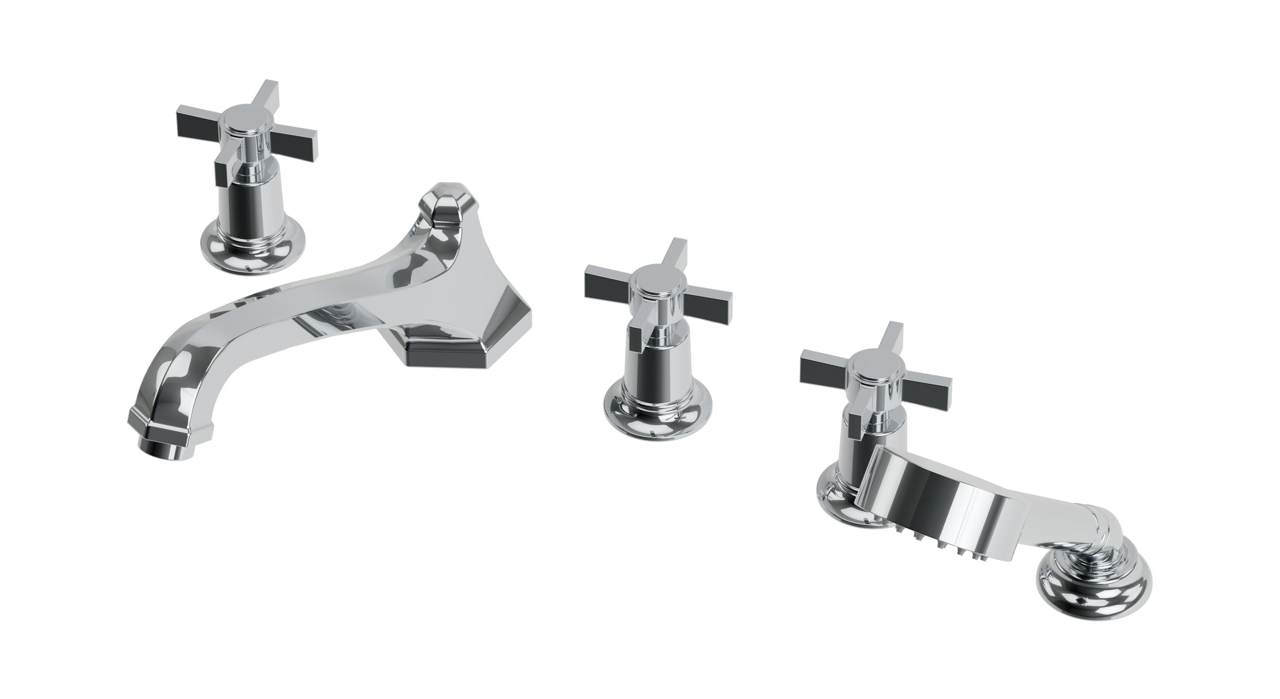 Emerson Three Handle Deck Mount Low Hexagon Bath Trim with Hand Shower and Defined Cross Handles