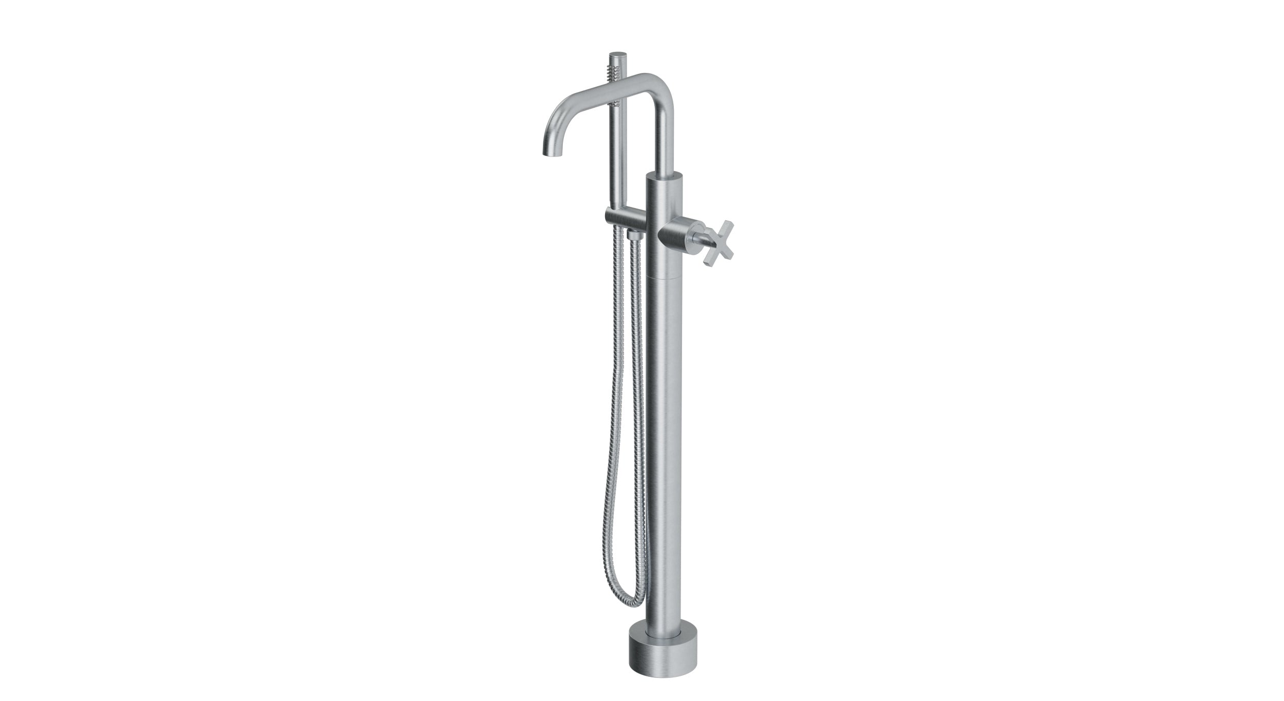 Flatiron One Handle Floor Mount Squaretop Bath Trim with Hand Shower and Linear Cross Handle in Satin Chrome