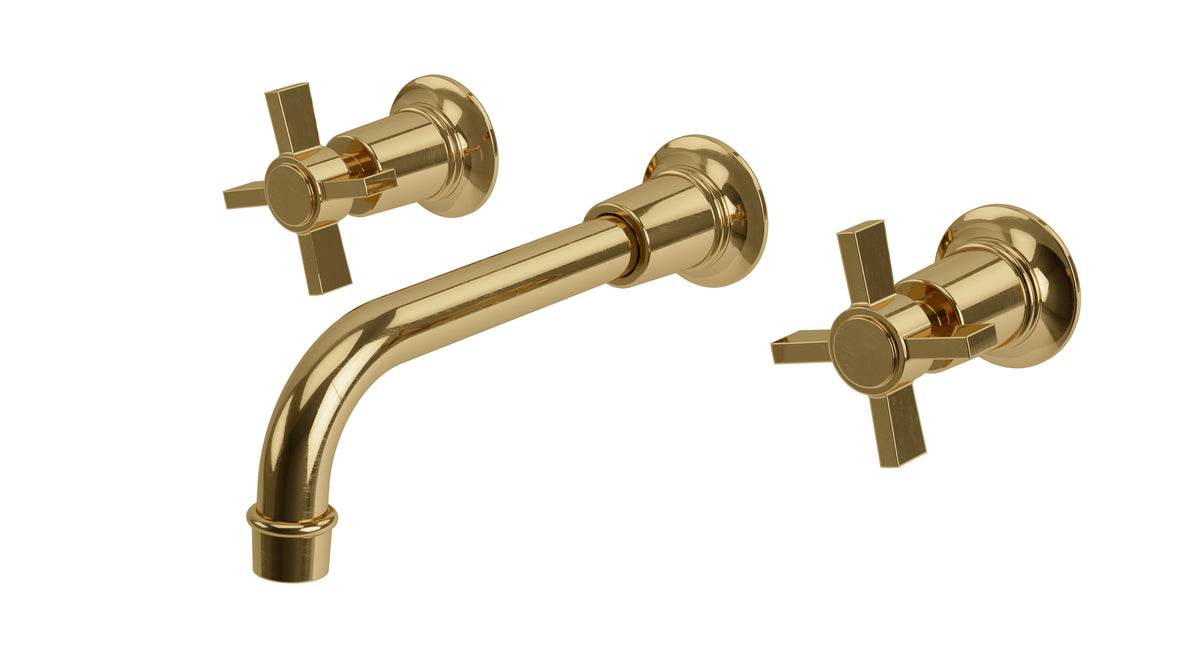Emerson Two Handle Wall Mount 8.25" Lavatory Faucet with Defined Cross Handles in Uncoated Polished Brass