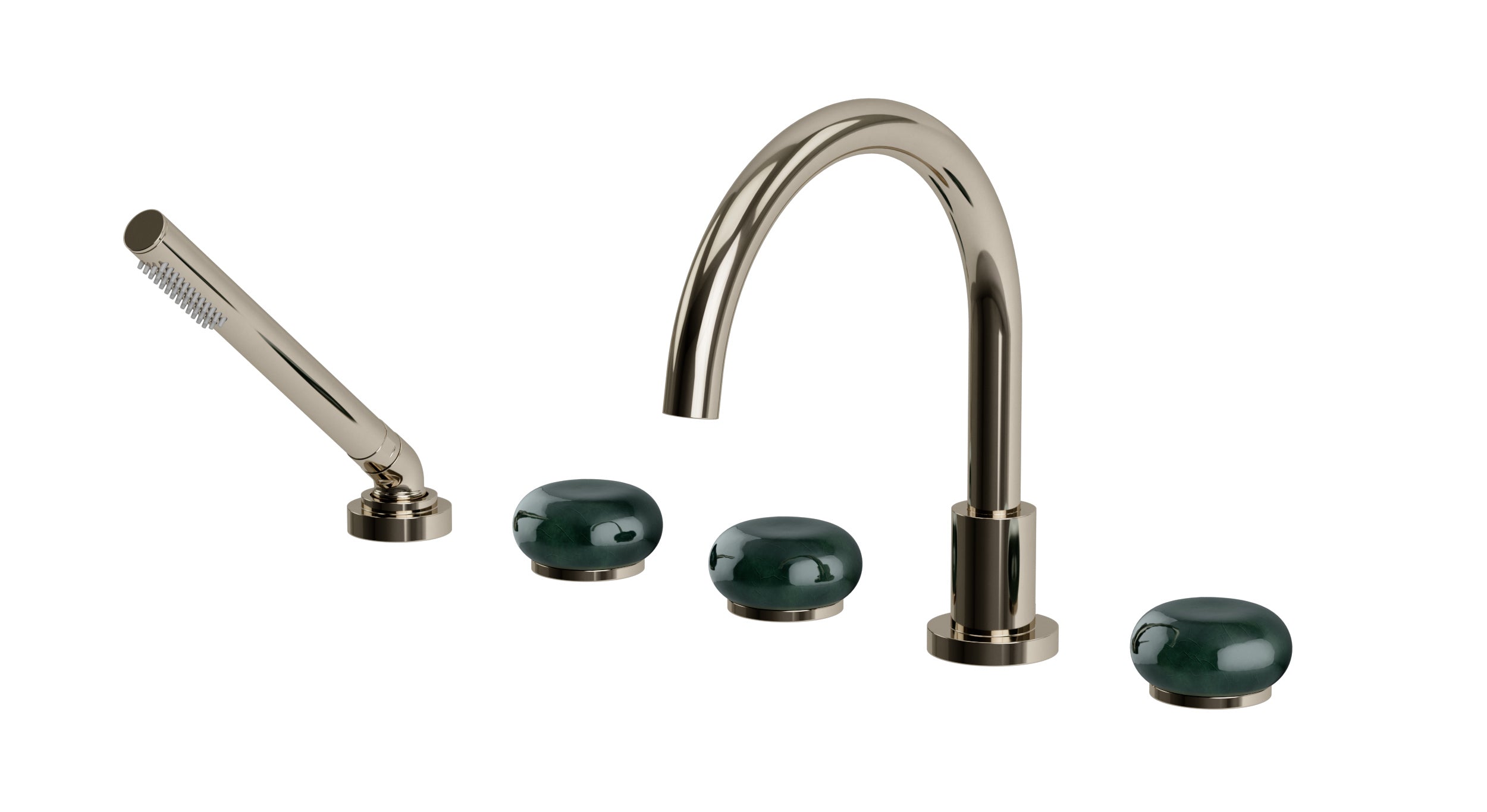 Foundry Three Handle Deck Mount Gooseneck Bath Trim with Hand Shower and Pebble Ceramic Knob Handles in Polished Nickel