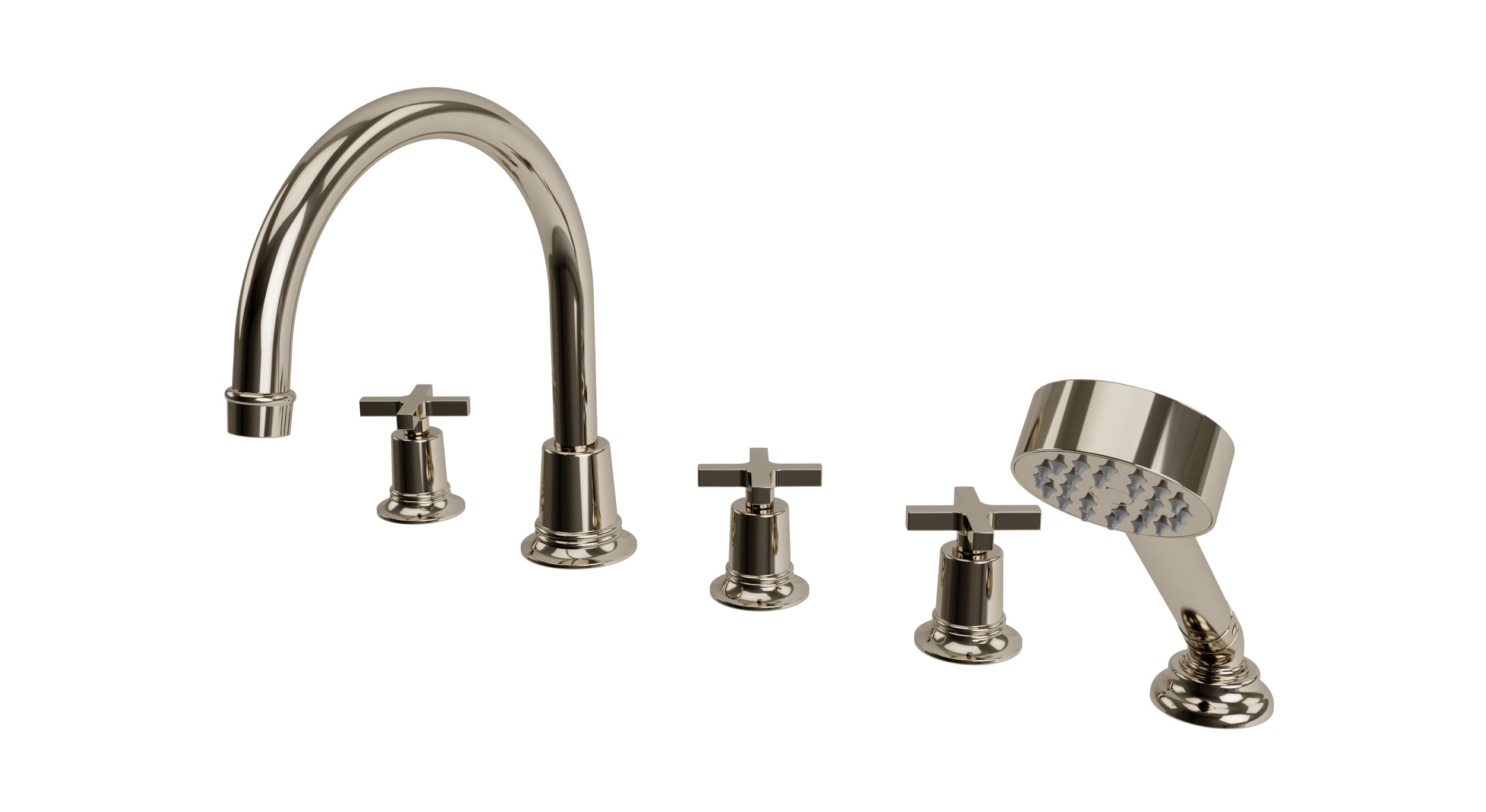 Emerson Three Handle Deck Mount Gooseneck Bath Trim with Hand Shower and Classic Cross Handles