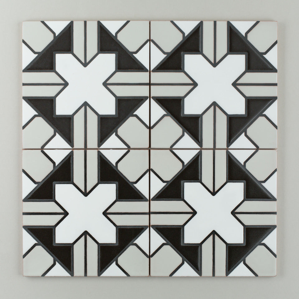 8x8 Handpainted Tile Kasbah Trellis in Black & White Motif