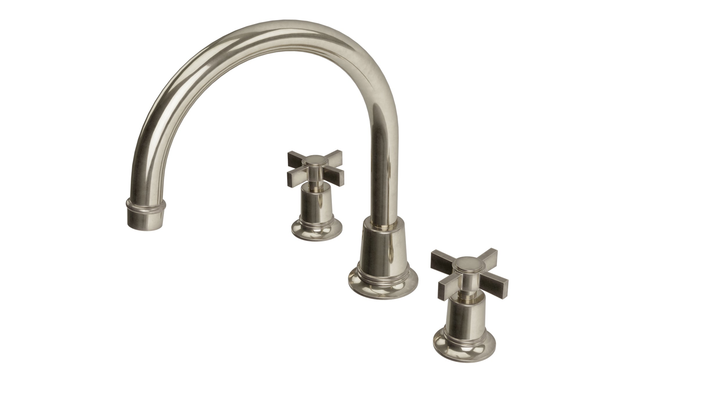 Emerson Two Handle Deck Mount Gooseneck Bath Trim with Defined Cross Handles in French Nickel