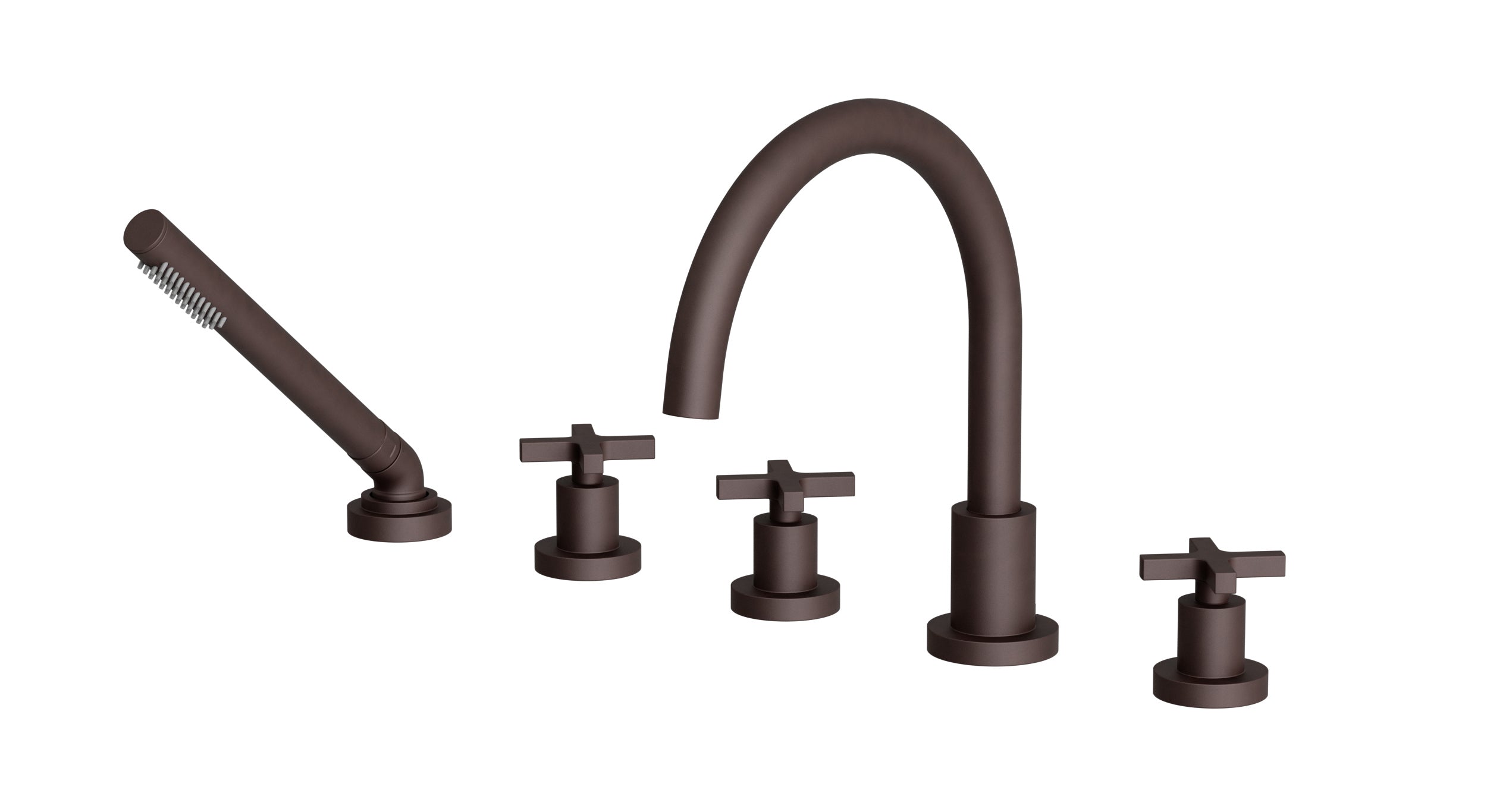 Flatiron Three Handle Deck Mount Gooseneck Bath Trim with Hand Shower and Linear Cross Handles in Architectural Copper