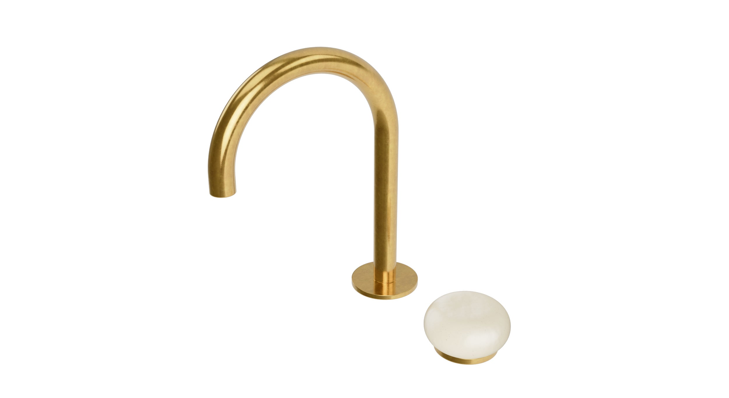 Foundry One Handle Deck Mount Gooseneck Lavatory Faucet with Pebble Ceramic Knob Handle in French Brass