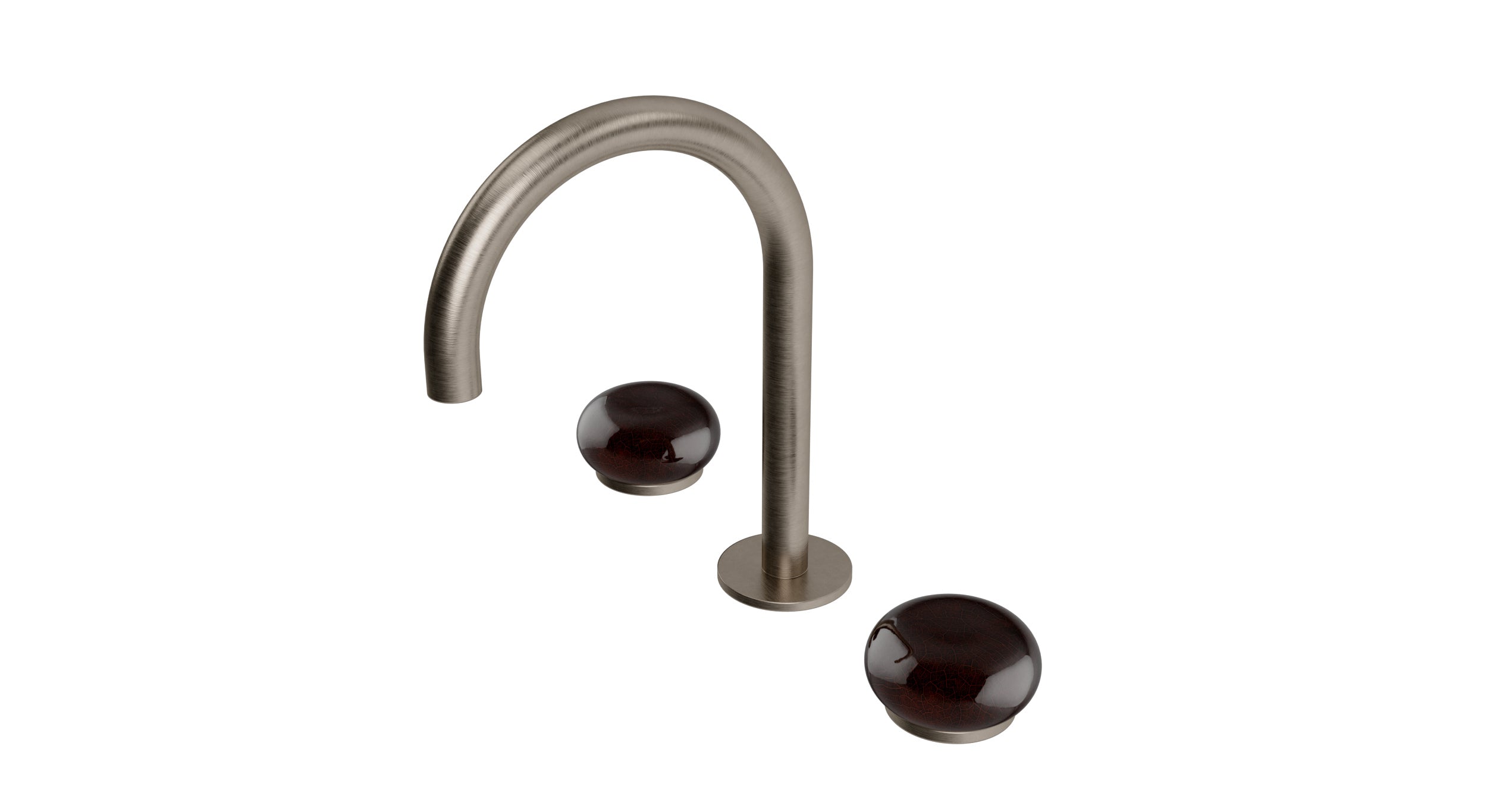 Foundry Two Handle Deck Mount Gooseneck Lavatory Faucet with Pebble Ceramic Knob Handles in Antique Nickel