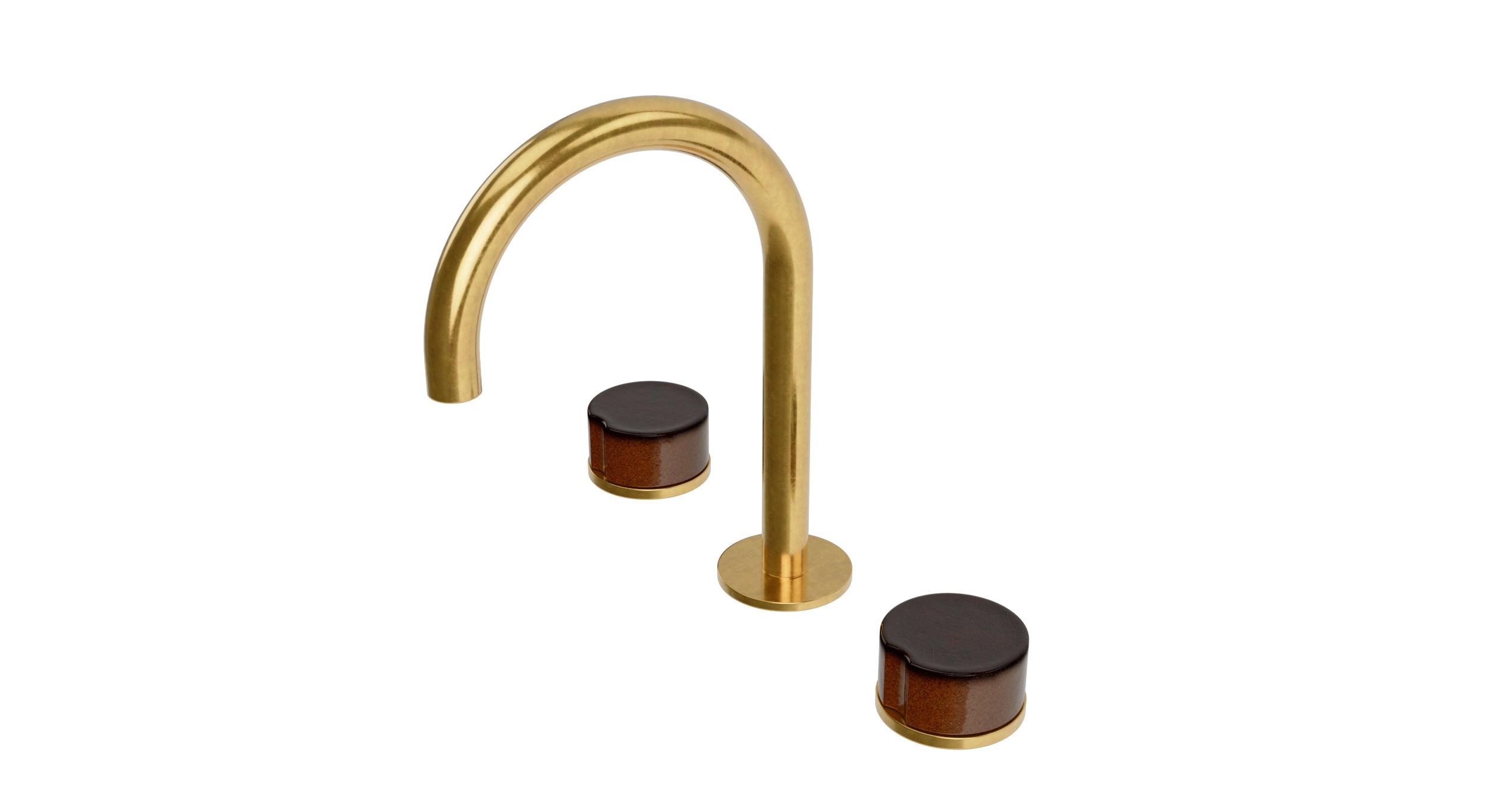 Foundry Two Handle Deck Mount Gooseneck Lavatory Faucet with Groove Ceramic Knob Handles in French Brass