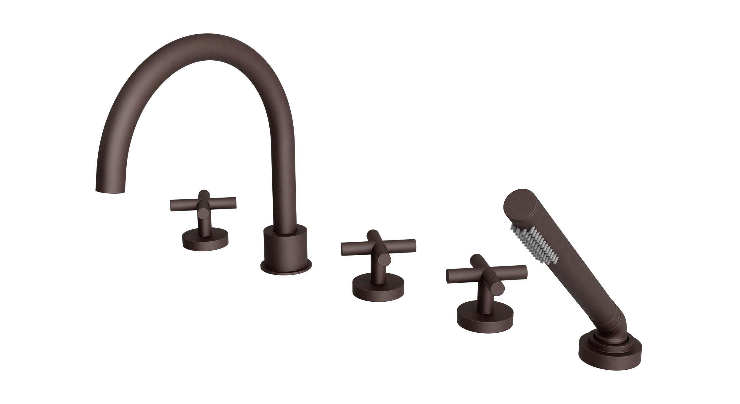Contour Three Handle Deck Mount Gooseneck Bath Trim with Hand Shower and Soft Cross Handles in Architectural Copper