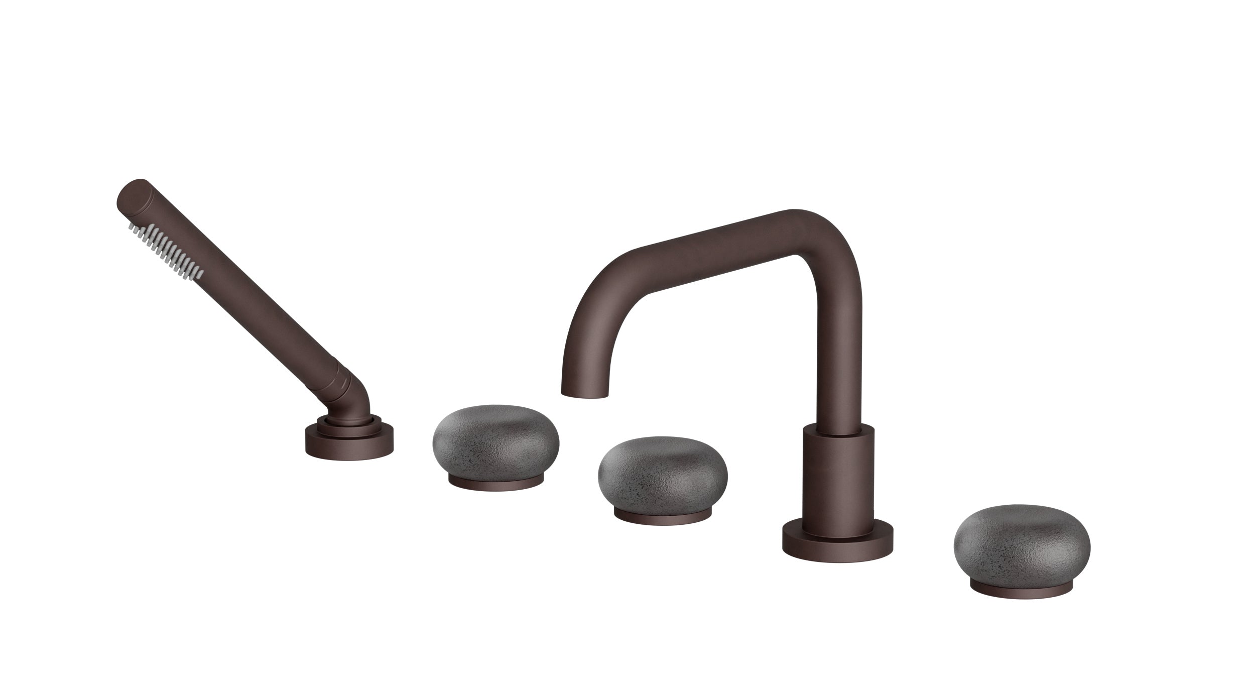 Foundry Three Handle Deck Mount Squaretop Bath Trim with Hand Shower and Pebble Ceramic Knob Handles in Architectural Copper