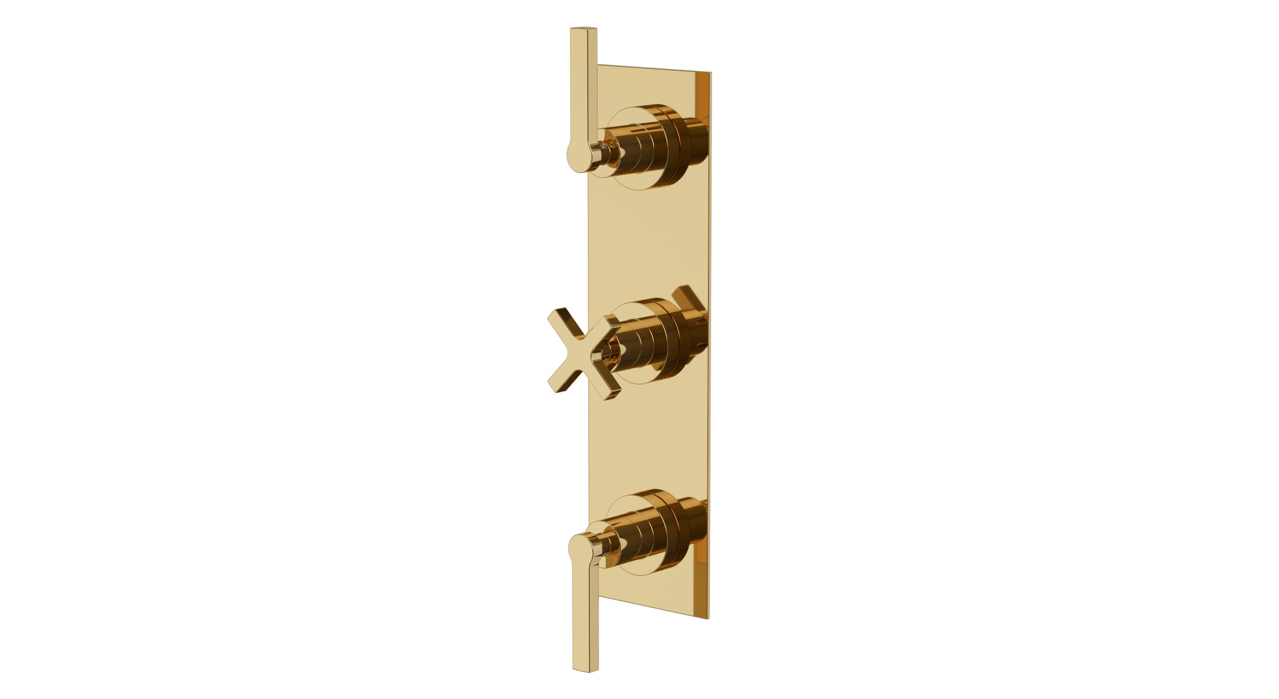 Flatiron Three Handle Wall Mount Shower Trim with Linear Cross/Linear Lever Handles in Polished Brass
