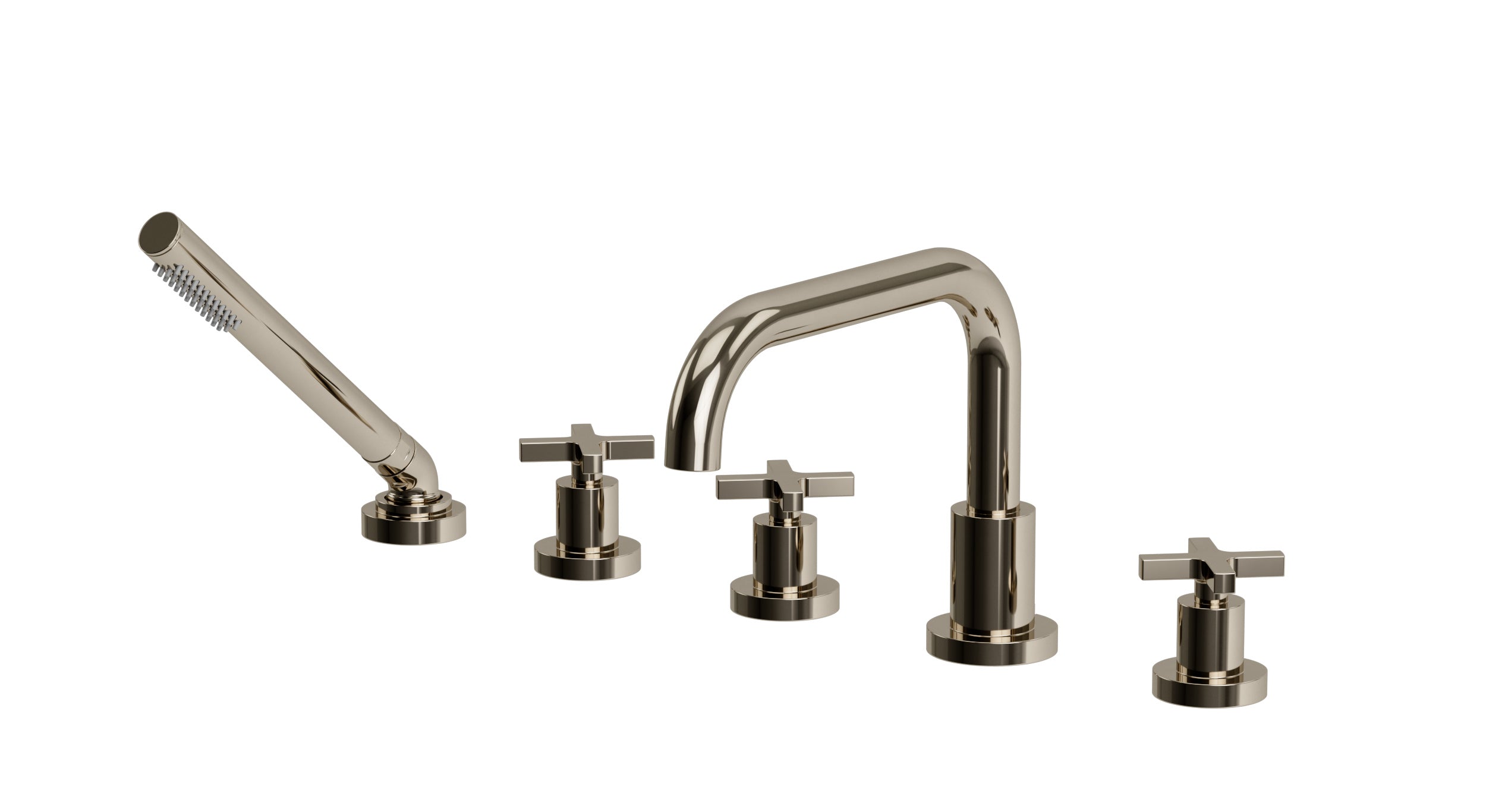 Flatiron Three Handle Deck Mount Squaretop Bath Trim with Hand Shower and Linear Cross Handles