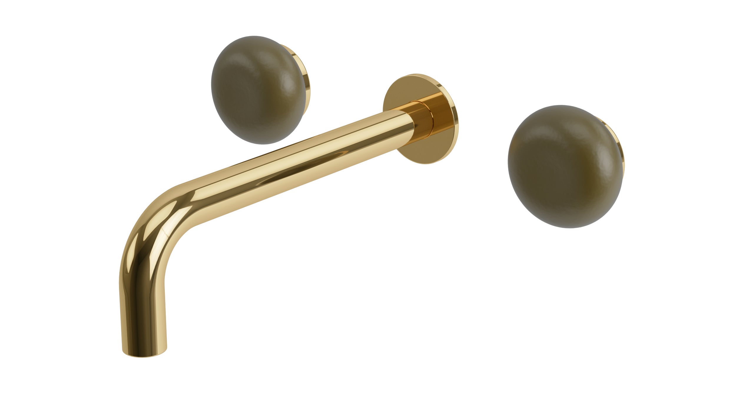 Foundry Two Handle Wall Mount 7.5" Lavatory Faucet with Pebble Ceramic Knob Handles in Polished Brass