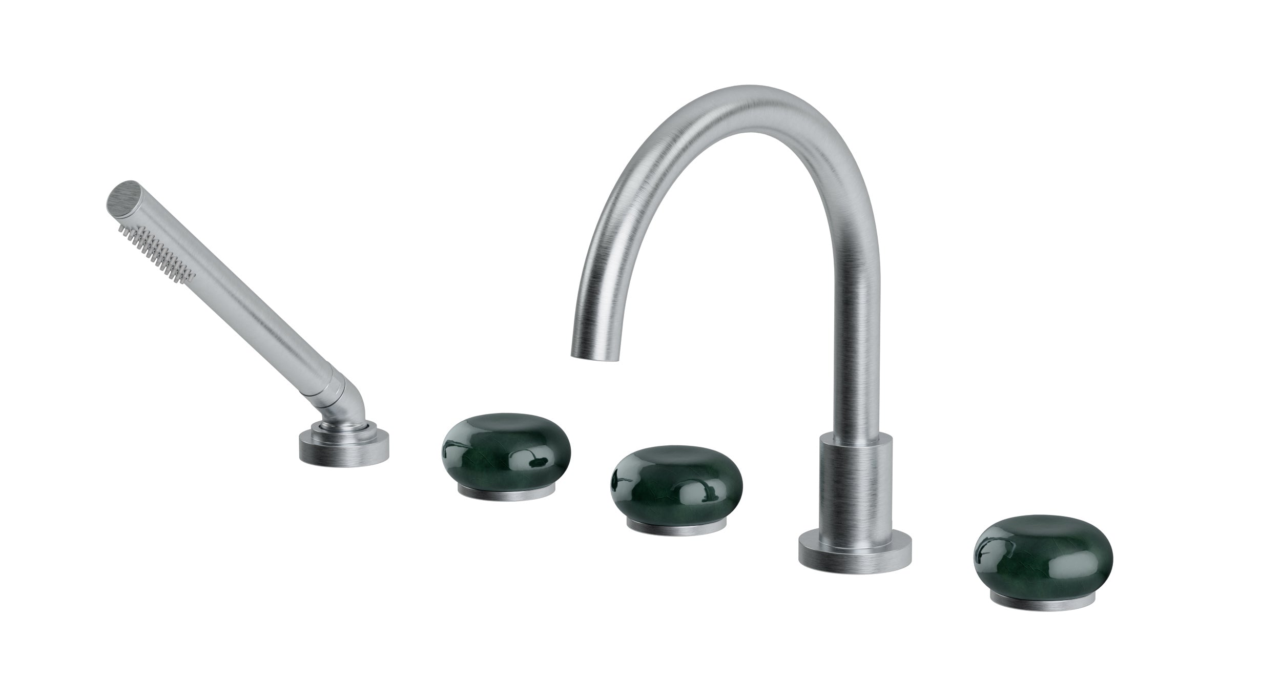 Foundry Three Handle Deck Mount Gooseneck Bath Trim with Hand Shower and Pebble Ceramic Knob Handles in Satin Chrome