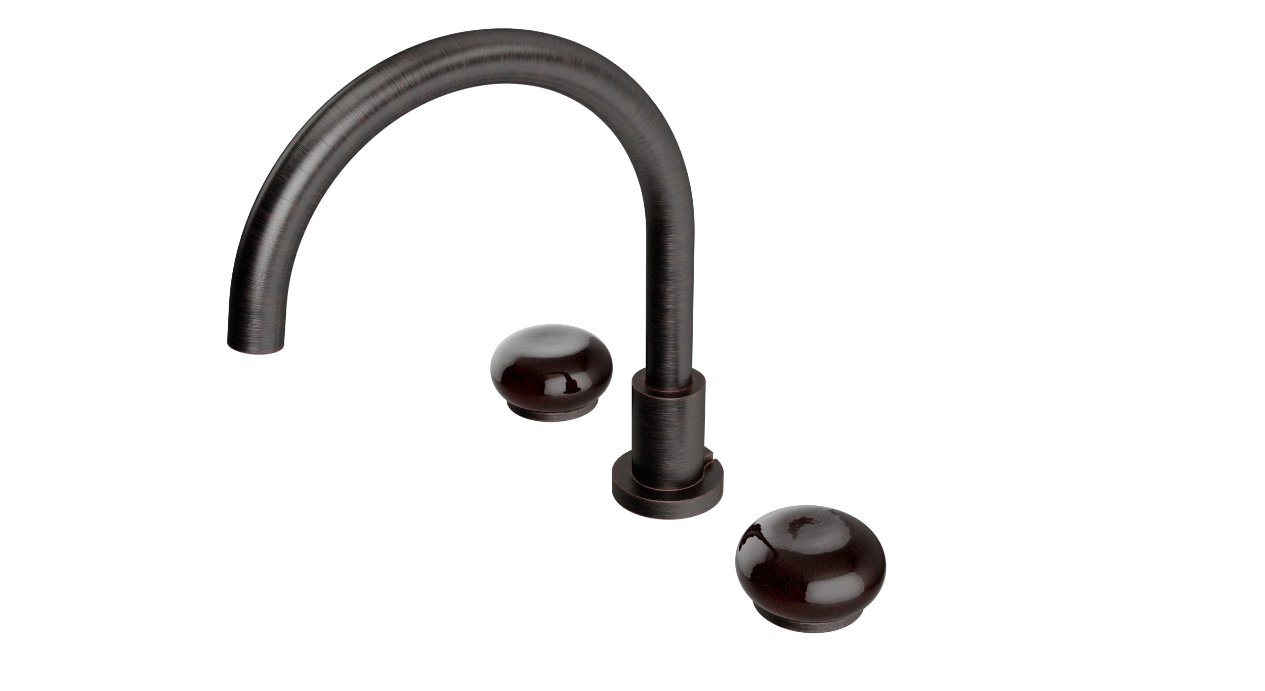 Foundry Two Handle Deck Mount Gooseneck Bath Trim with Pebble Ceramic Knob Handles in Antique Bronze