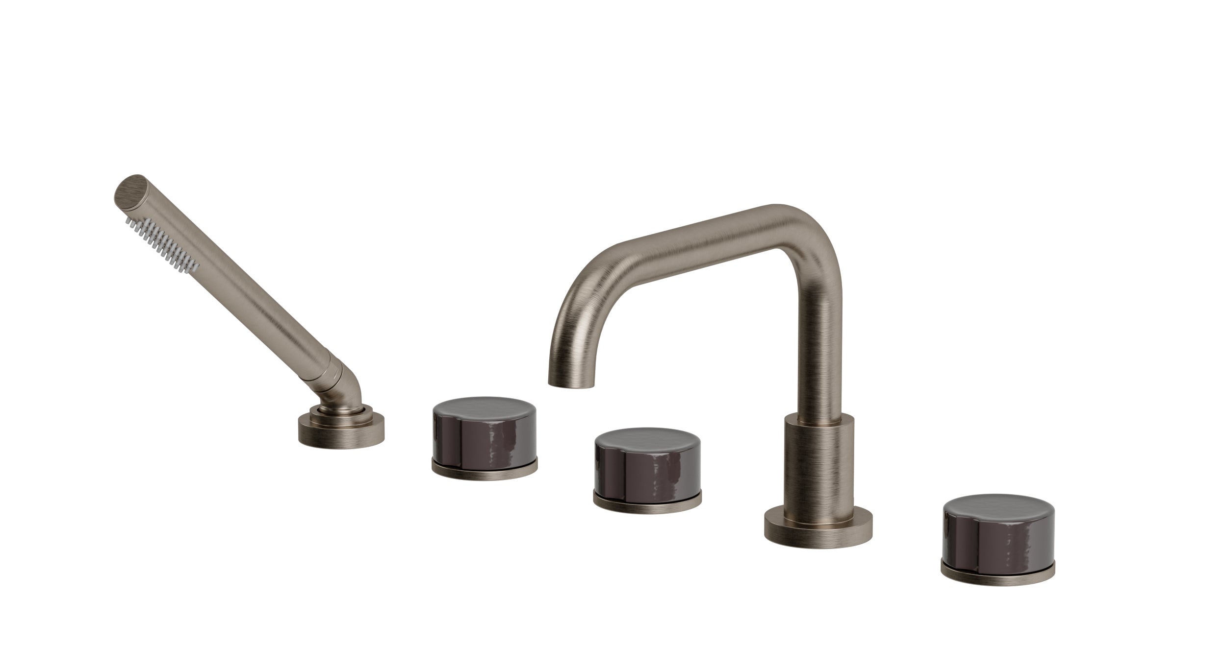Foundry Three Handle Deck Mount Squaretop Bath Trim with Hand Shower and Groove Ceramic Knob Handles in Antique Nickel