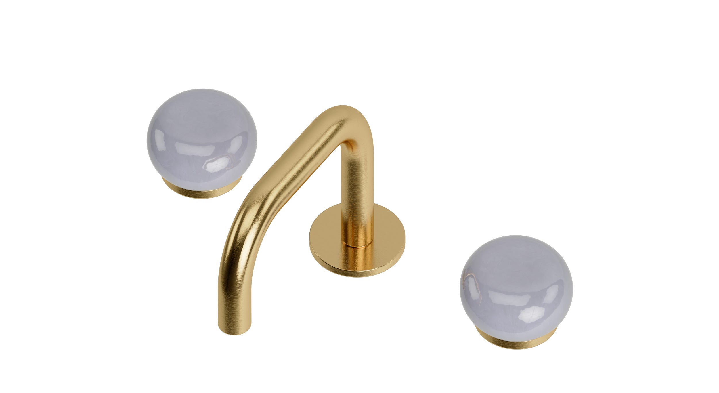 Foundry Two Handle Deck Mount Squaretop Lavatory Faucet with Pebble Ceramic Knob Handles in Satin Brass