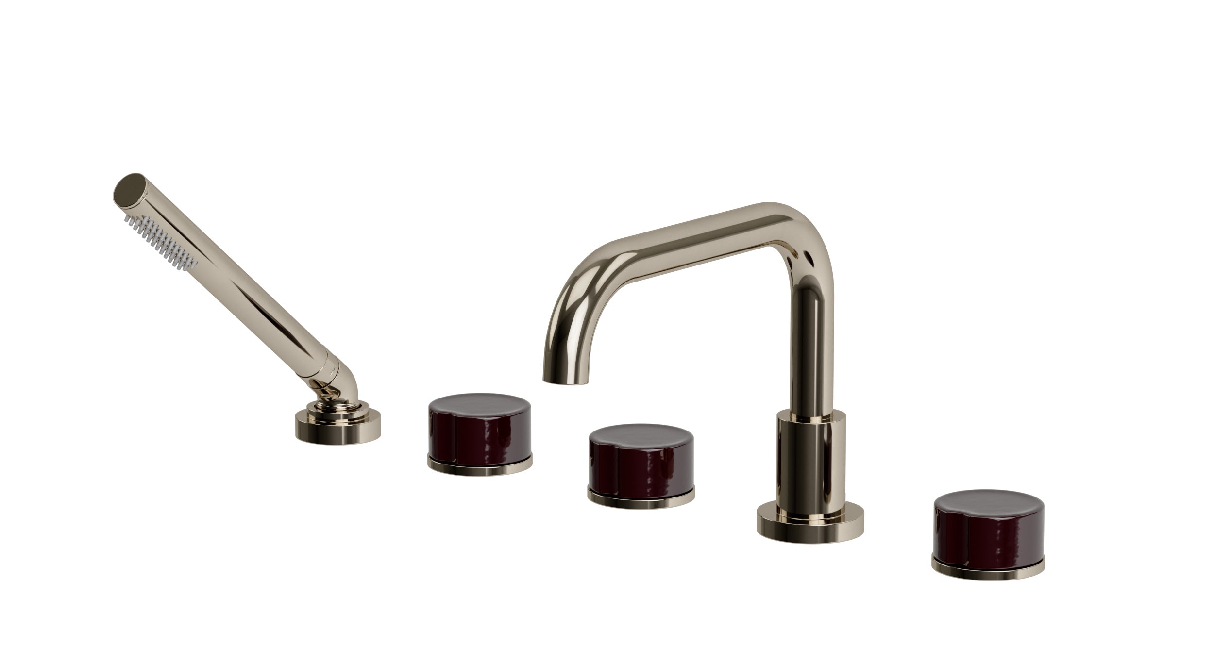 Foundry Three Handle Deck Mount Squaretop Bath Trim with Hand Shower and Groove Ceramic Knob Handles in Polished Nickel