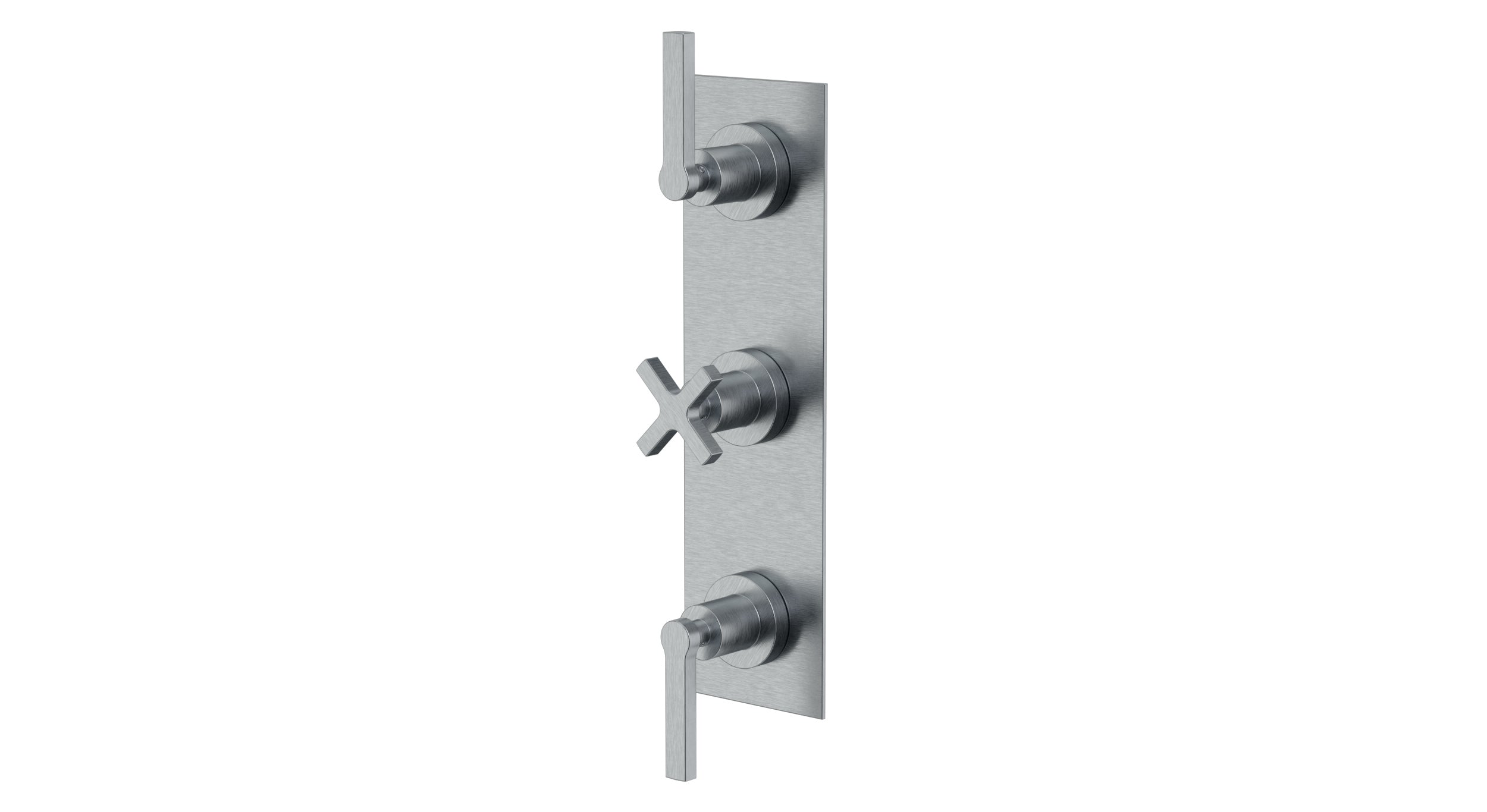 Flatiron Three Handle Wall Mount Shower Trim with Linear Cross/Linear Lever Handles in Satin Chrome