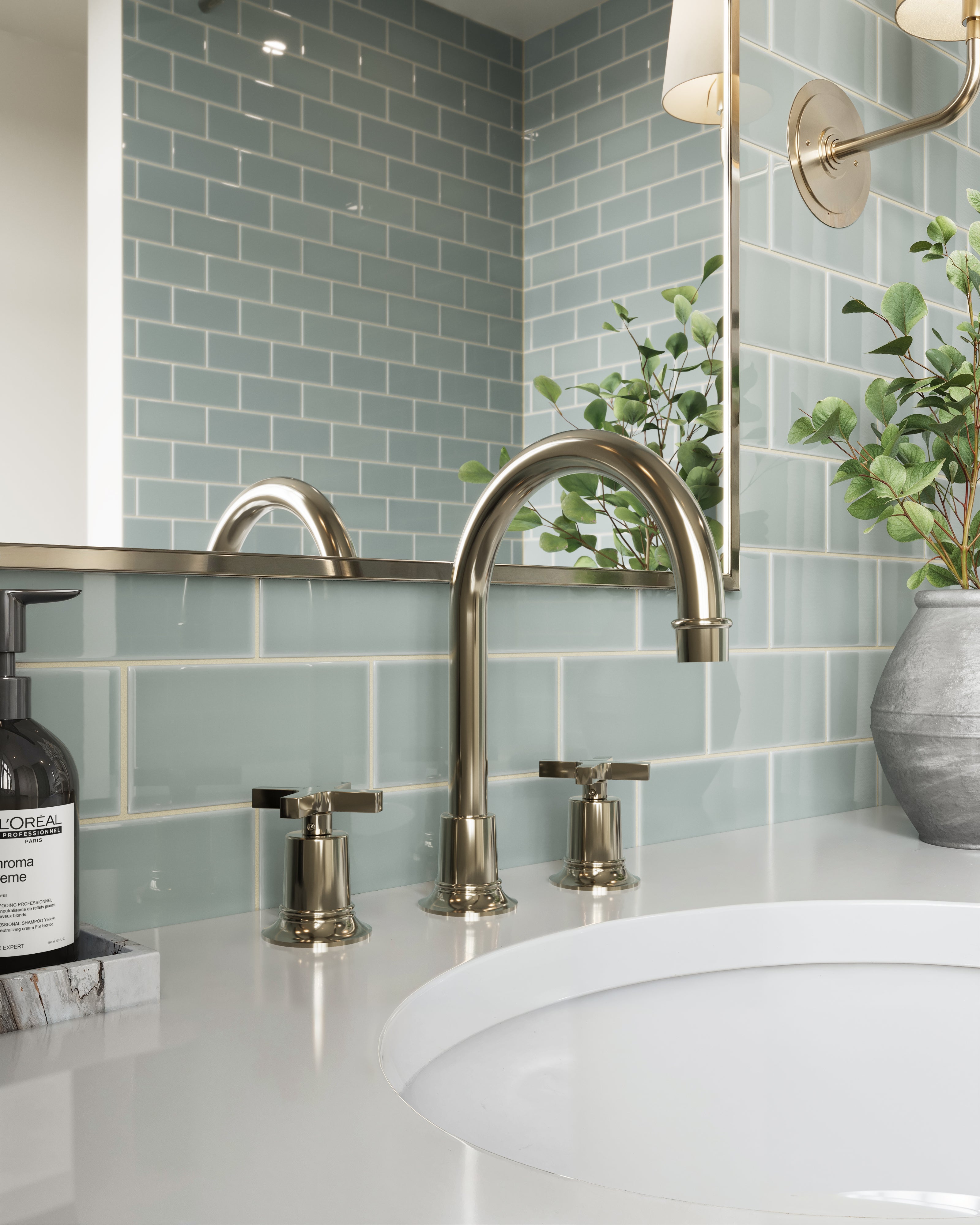 Emerson Two Handle Deck Mount Gooseneck Lavatory Faucet with Classic Cross Handles in Polished Nickel