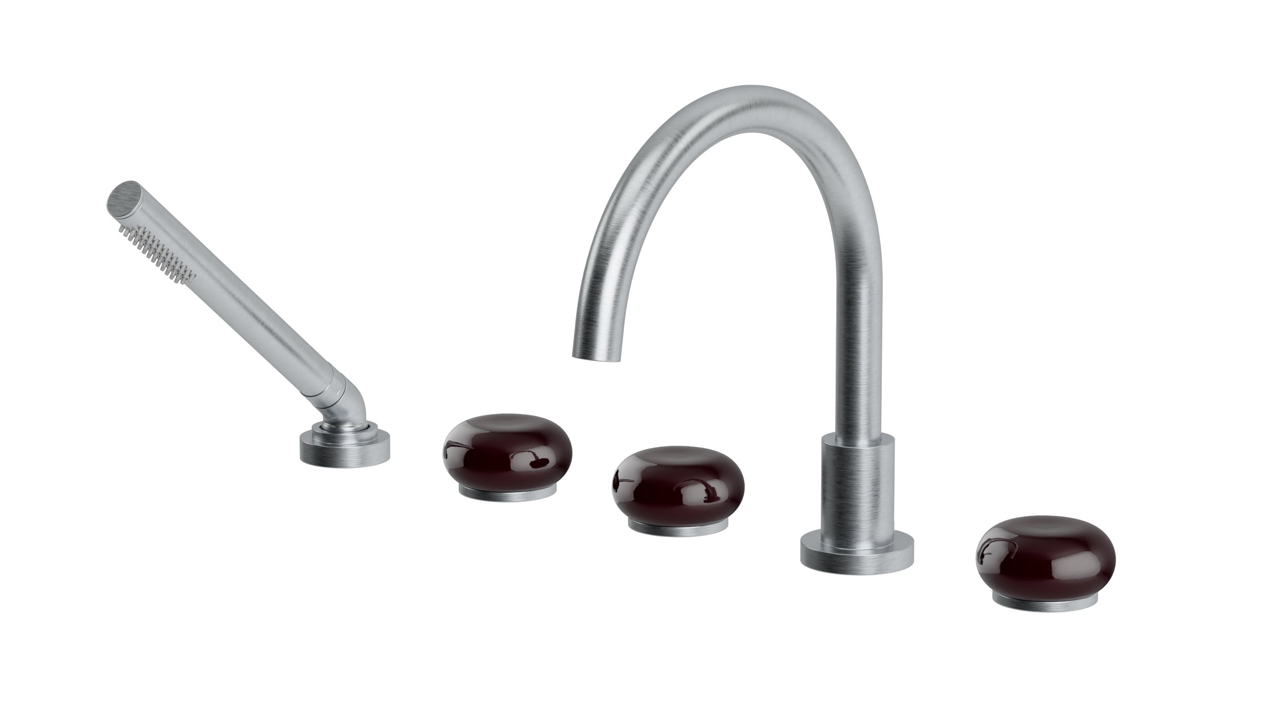 Foundry Three Handle Deck Mount Gooseneck Bath Trim with Hand Shower and Pebble Ceramic Knob Handles in Satin Chrome