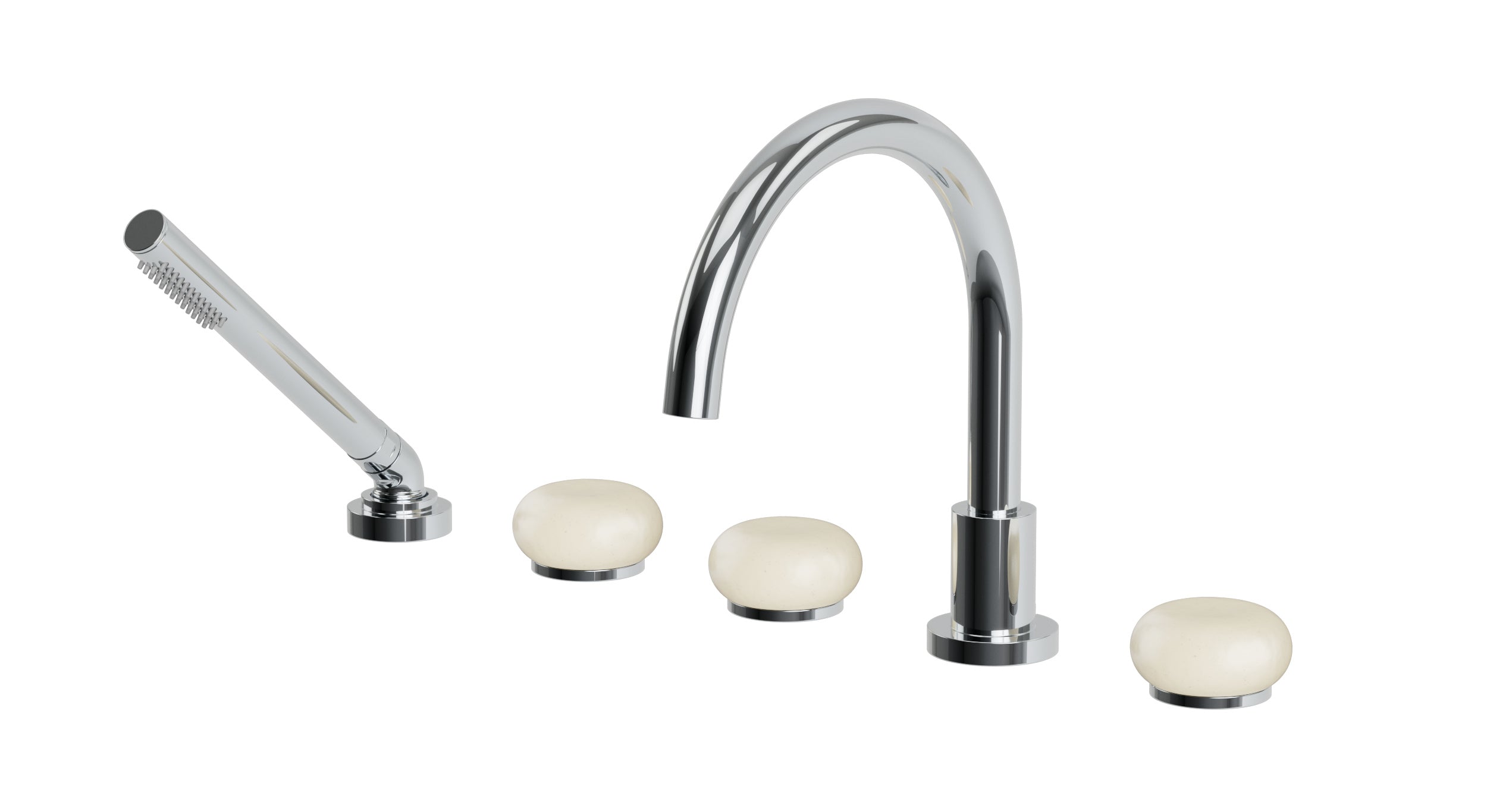 Foundry Three Handle Deck Mount Gooseneck Bath Trim with Hand Shower and Pebble Ceramic Knob Handles in Polished Chrome