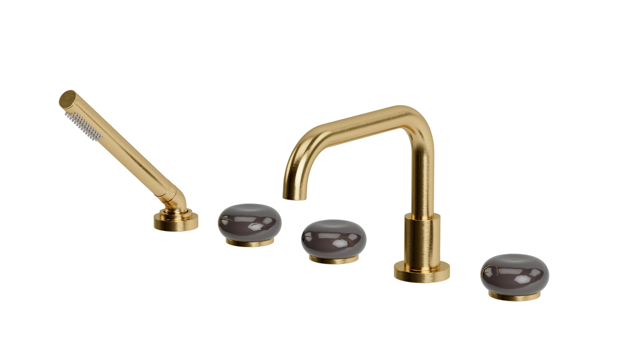 Foundry Three Handle Deck Mount Squaretop Bath Trim with Hand Shower and Pebble Ceramic Knob Handles in Satin Brass