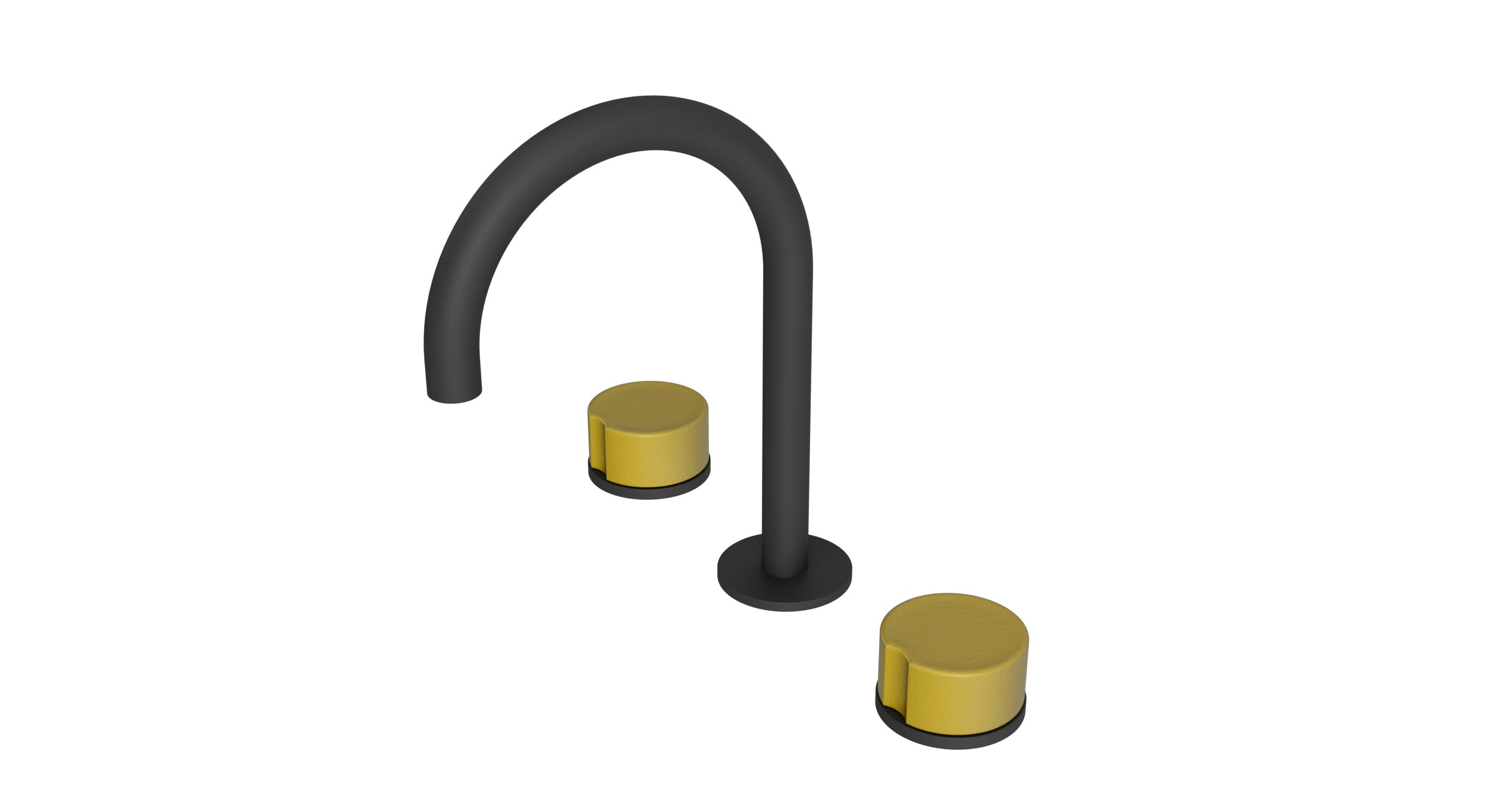 Foundry Two Handle Deck Mount Gooseneck Lavatory Faucet with Groove Ceramic Knob Handles in Matte Black