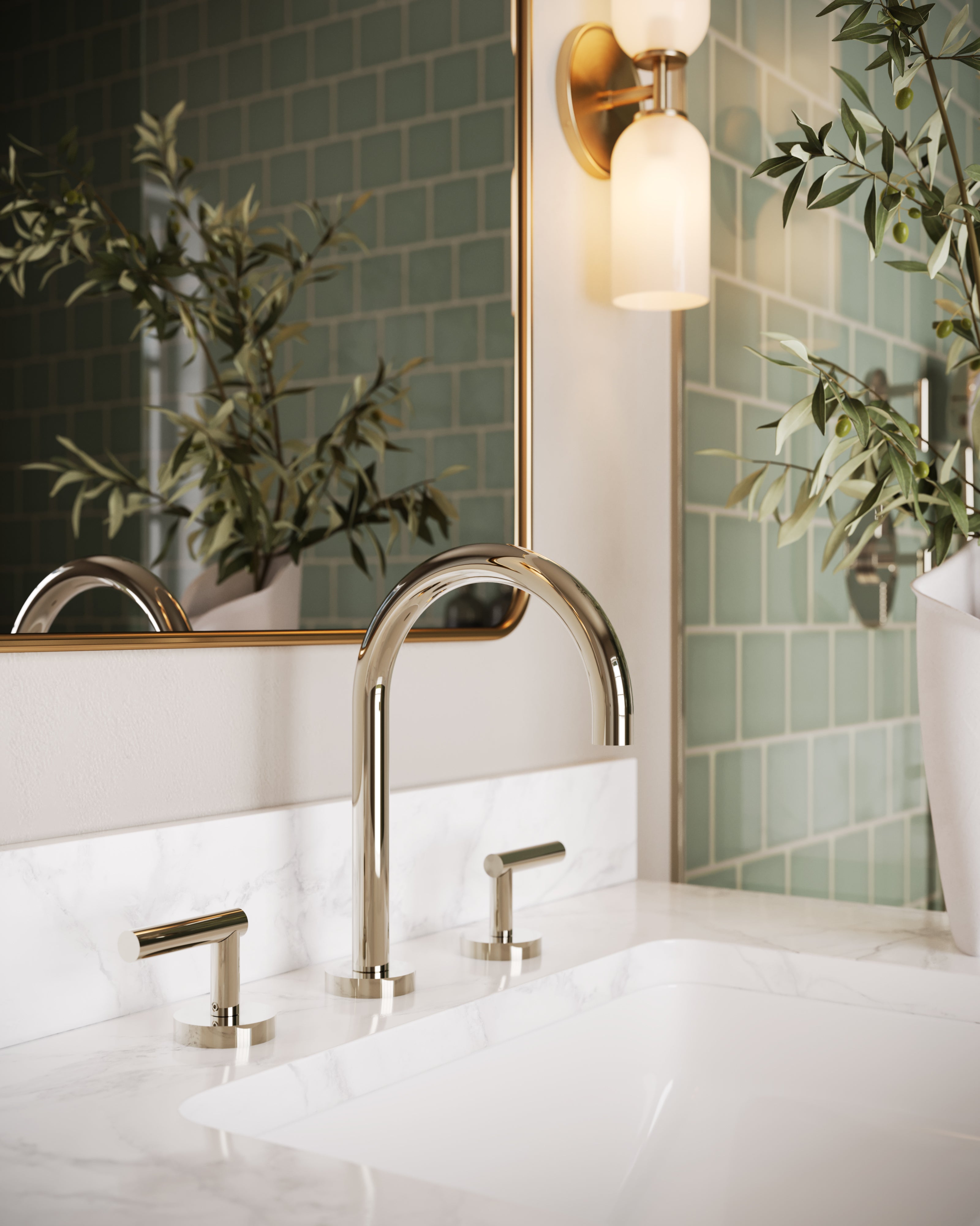 Contour Two Handle Deck Mount Gooseneck Lavatory Faucet with Soft Lever Handles in Polished Nickel
