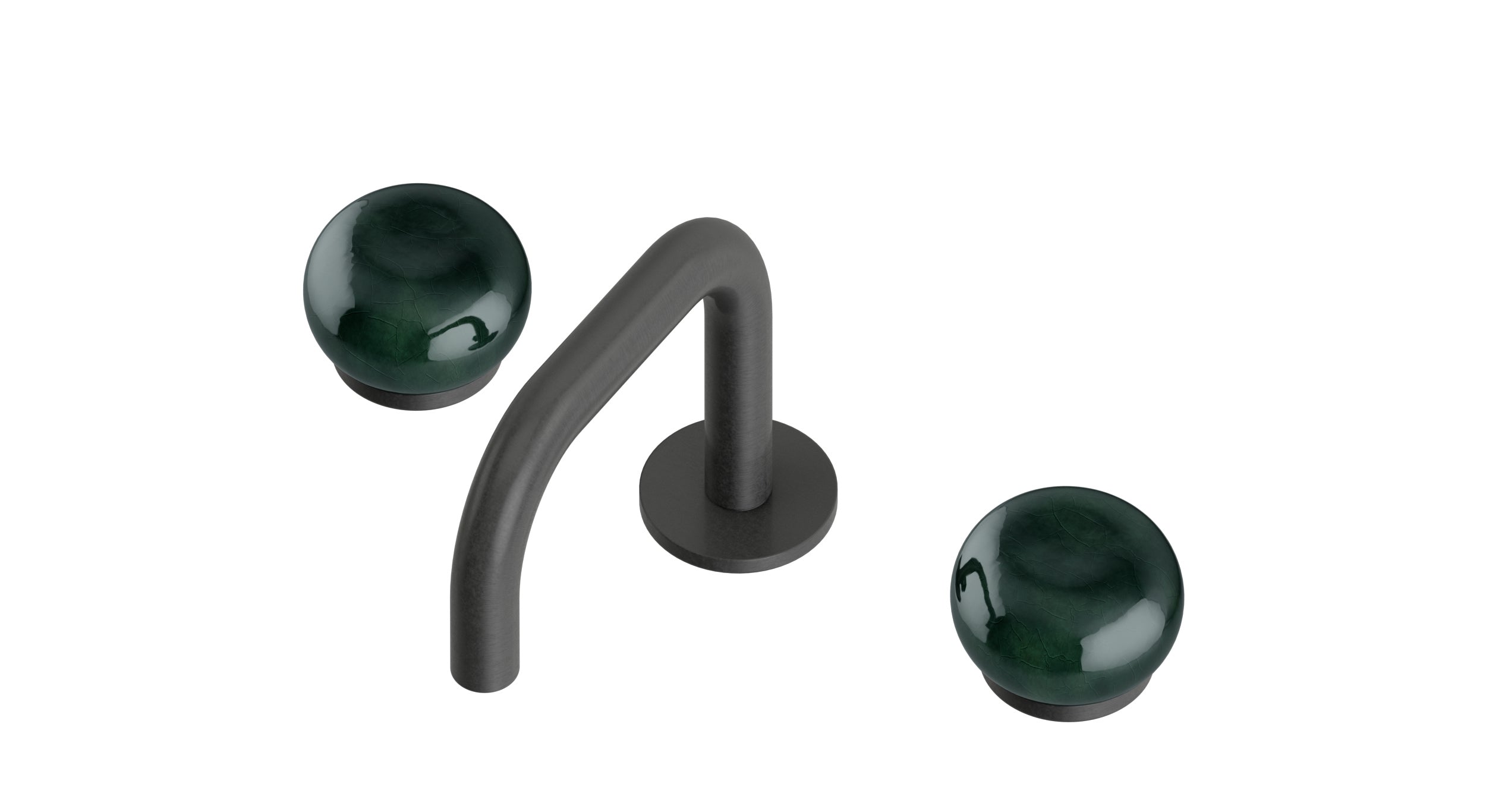Foundry Two Handle Deck Mount Squaretop Lavatory Faucet with Pebble Ceramic Knob Handles in Blackened Nickel