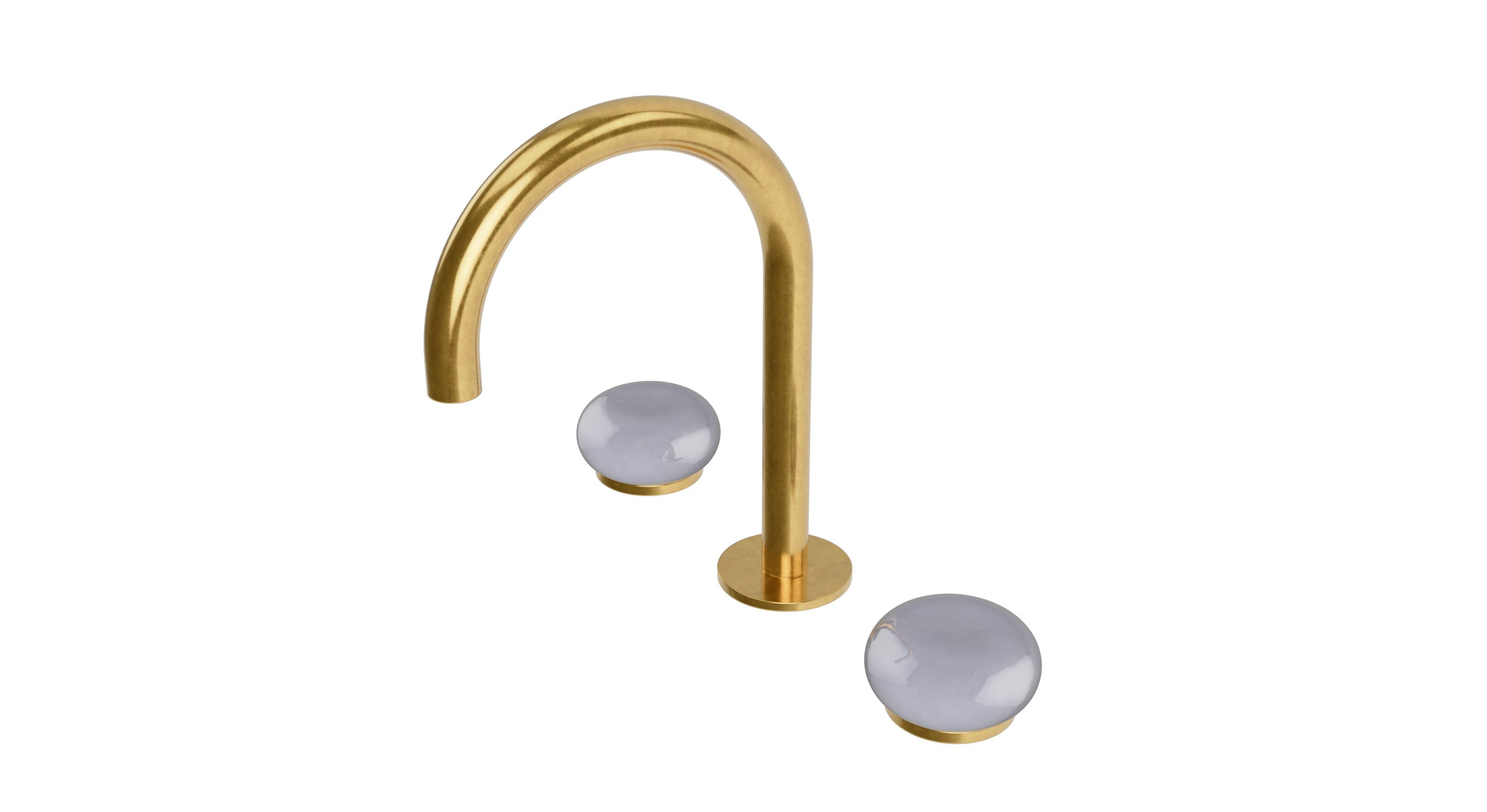 Foundry Two Handle Deck Mount Gooseneck Lavatory Faucet with Pebble Ceramic Knob Handles in French Brass