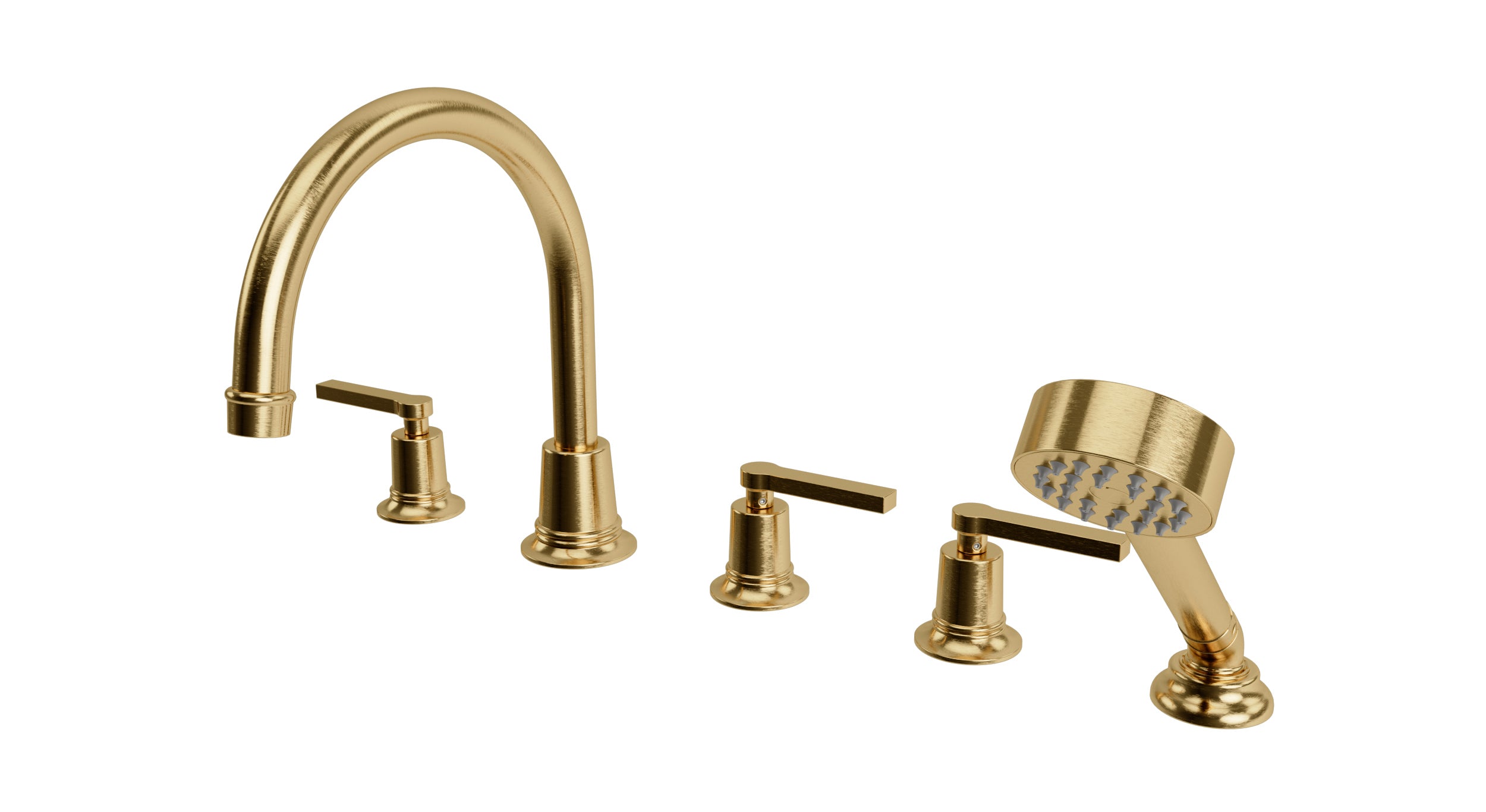 Emerson Three Handle Deck Mount Gooseneck Bath Trim with Hand Shower and Classic Lever Handles in Satin Brass