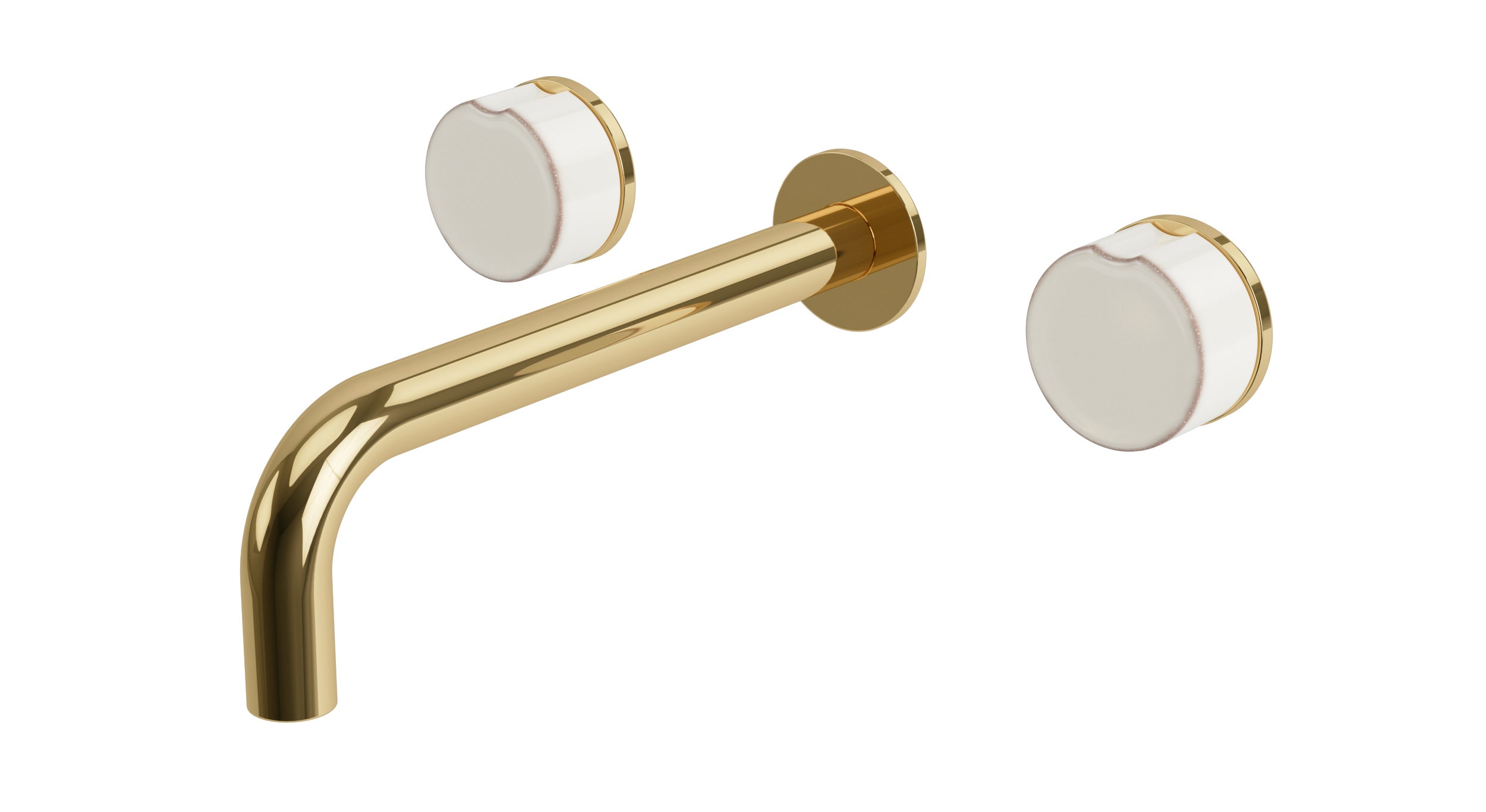 Foundry Two Handle Wall Mount 7.5" Lavatory Faucet with Groove Ceramic Knob Handles in Polished Brass