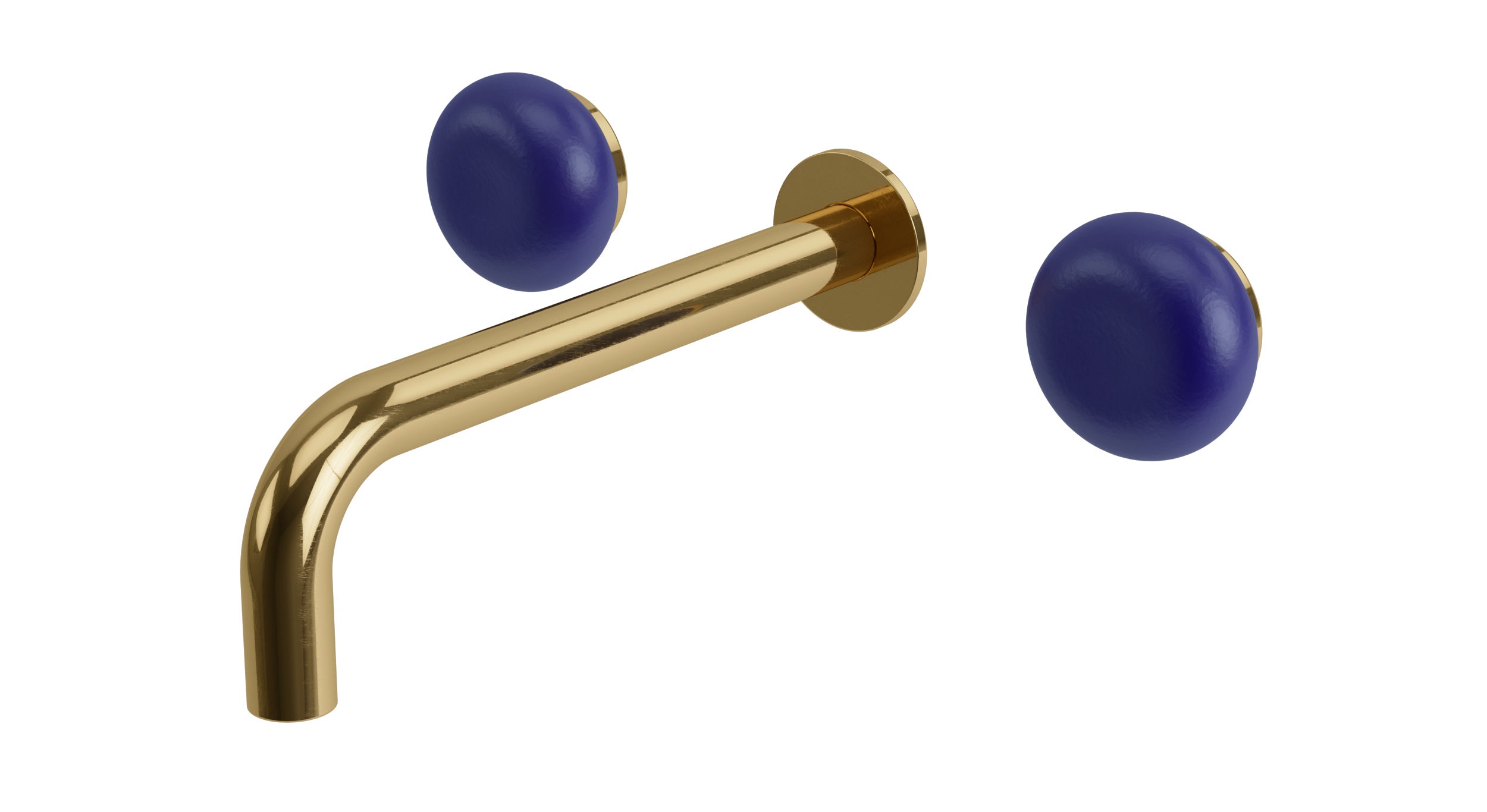 Foundry Two Handle Wall Mount 7.5" Lavatory Faucet with Pebble Ceramic Knob Handles in Uncoated Polished Brass