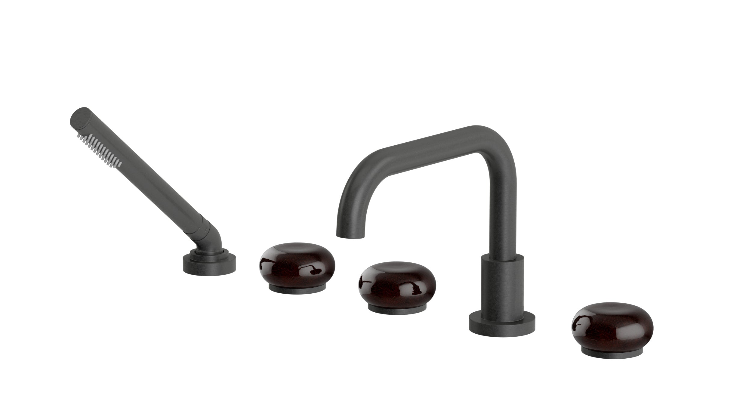 Foundry Three Handle Deck Mount Squaretop Bath Trim with Hand Shower and Pebble Ceramic Knob Handles in Blackened Nickel