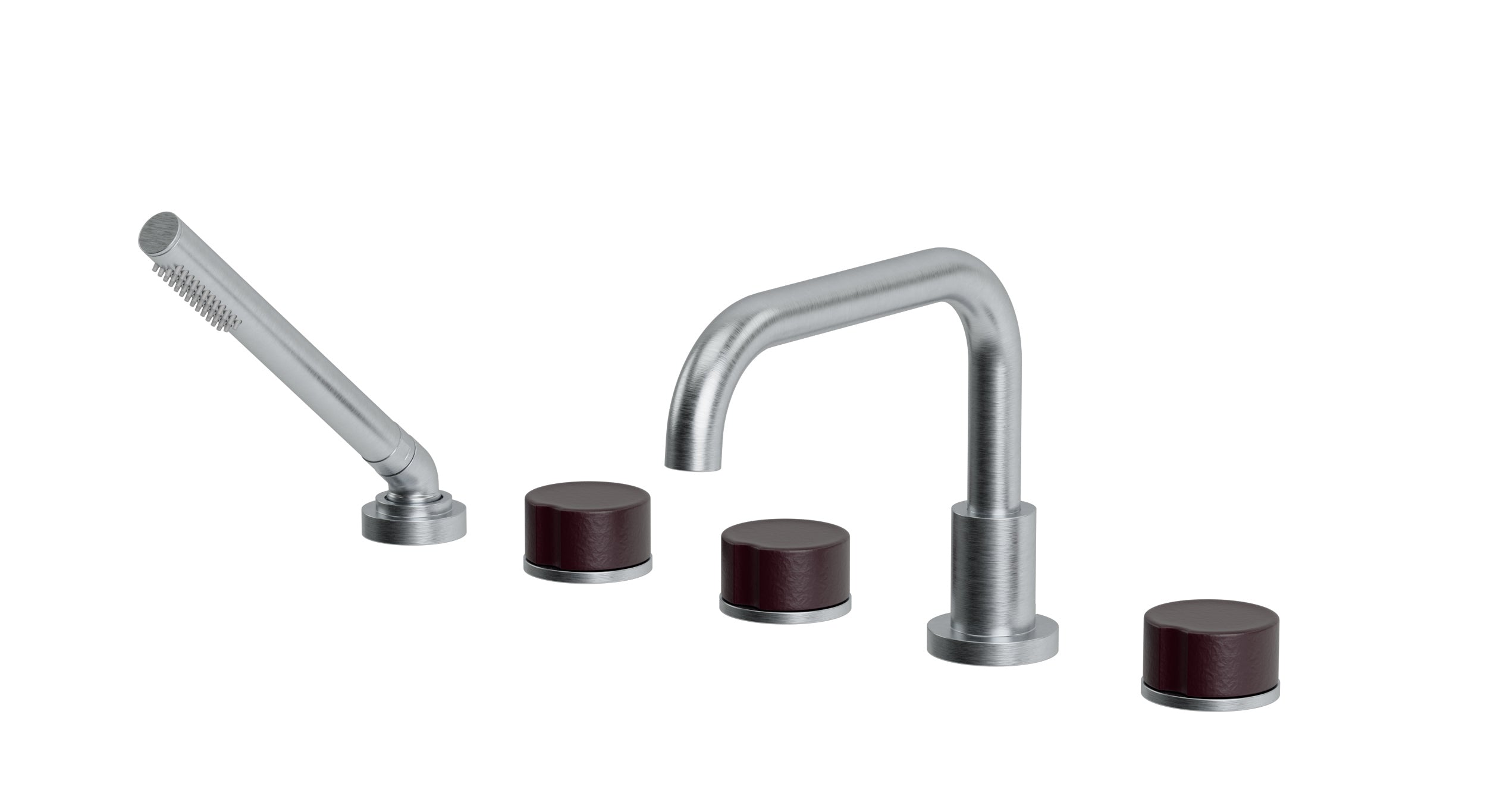 Foundry Three Handle Deck Mount Squaretop Bath Trim with Hand Shower and Groove Ceramic Knob Handles in Satin Chrome