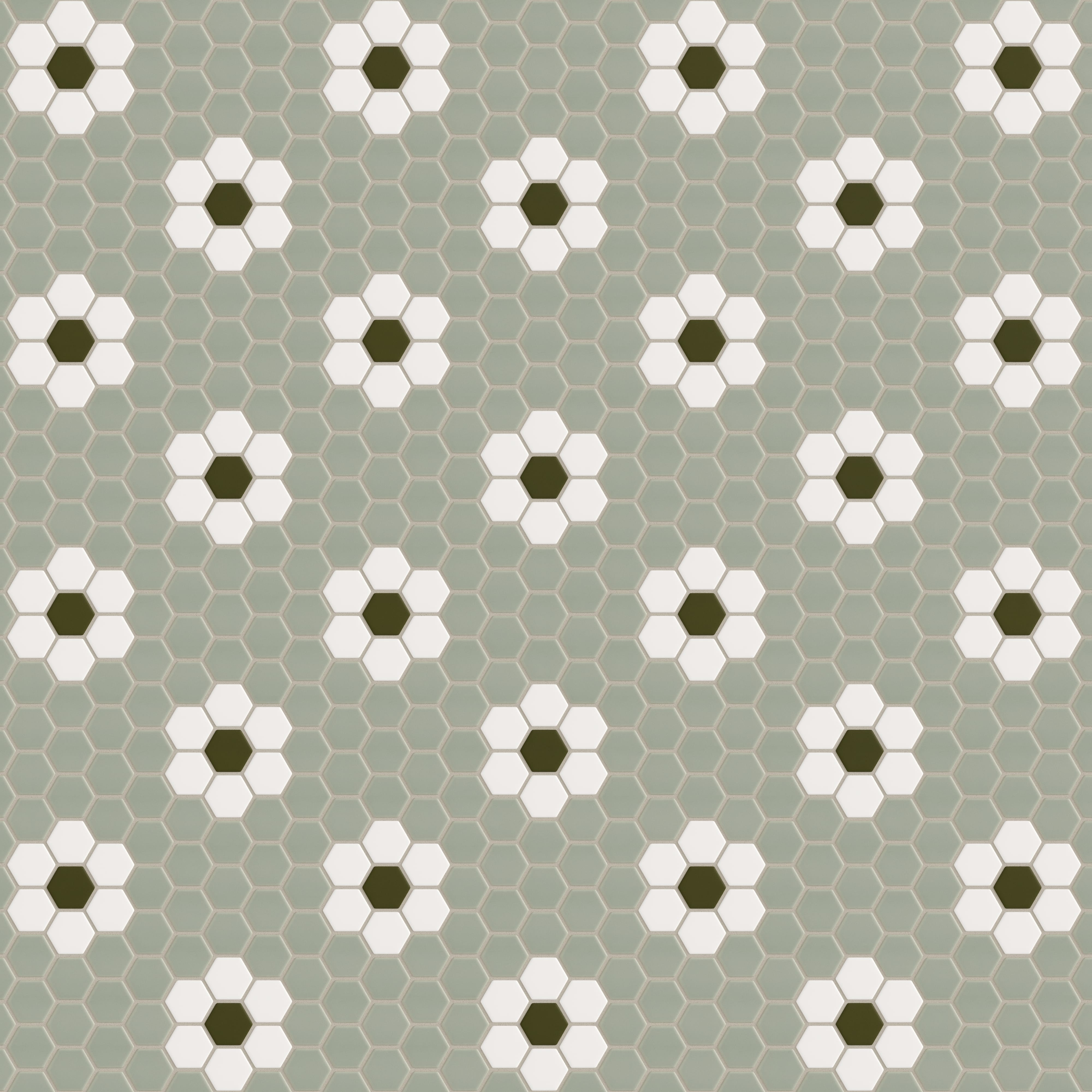 2" Hexagon Double Daisy Sheeted Original Ceramic Tile in Rosemary Matte, Calcite Matte & Bonsai Matte