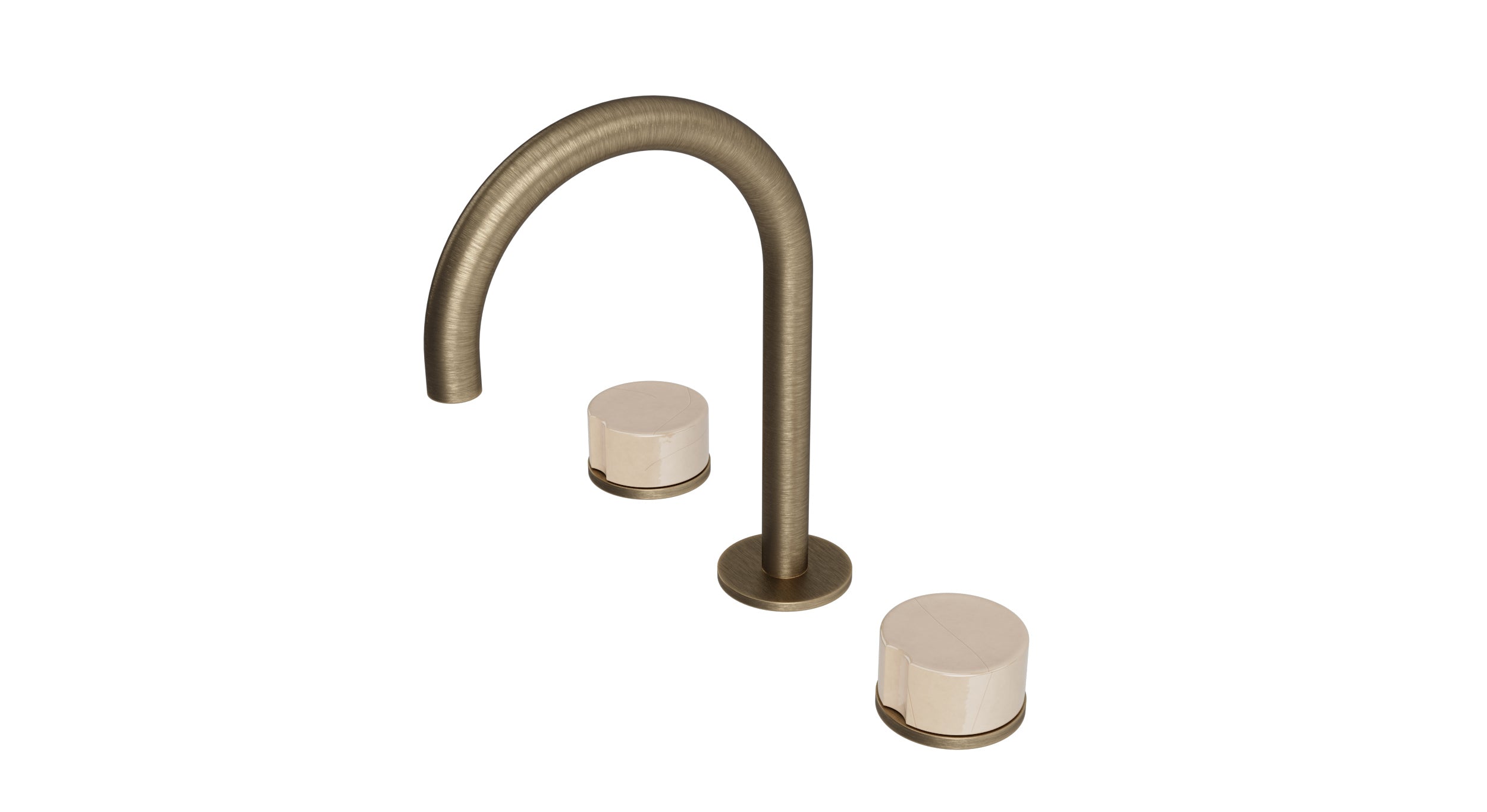 Foundry Two Handle Deck Mount Gooseneck Lavatory Faucet with Groove Ceramic Knob Handles in Antique Brass