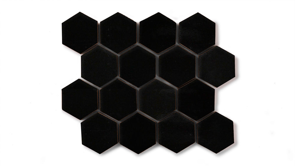 2" Hexagon Sheeted Original Ceramic Mosaic Tile in Raven Gloss