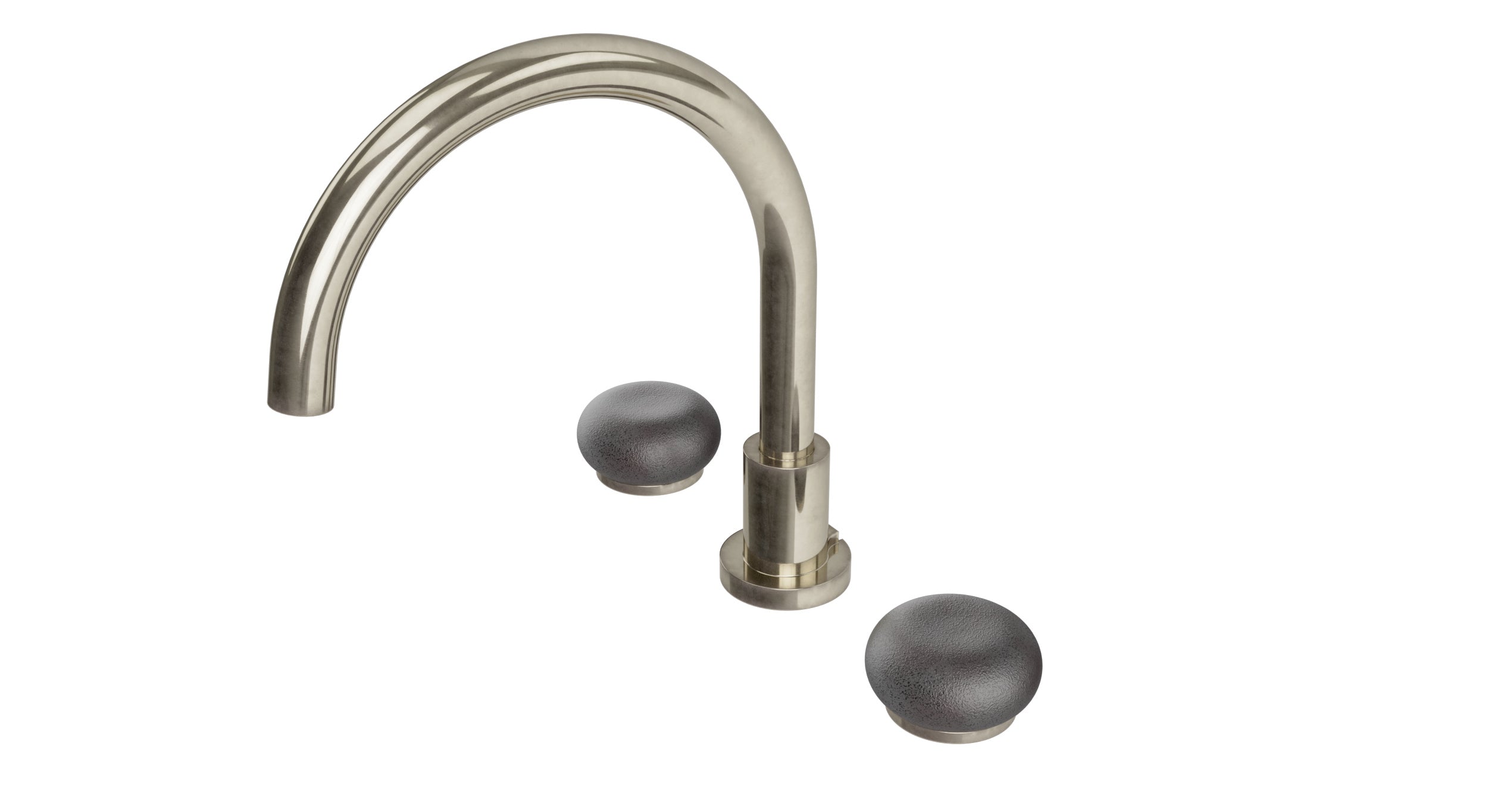 Foundry Two Handle Deck Mount Gooseneck Bath Trim with Pebble Ceramic Knob Handles in French Nickel