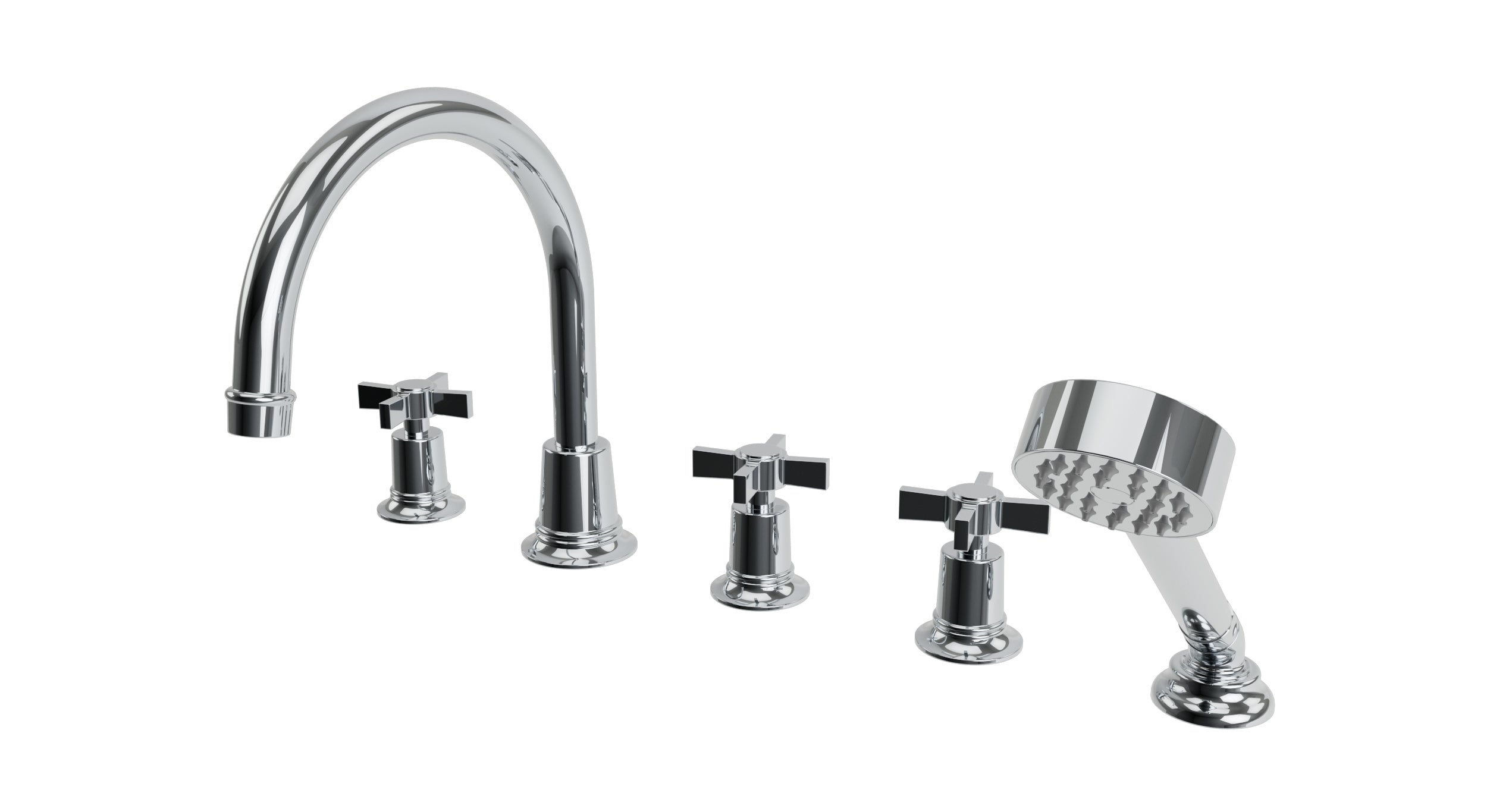 Emerson Three Handle Deck Mount Gooseneck Bath Trim with Hand Shower and Defined Cross Handles