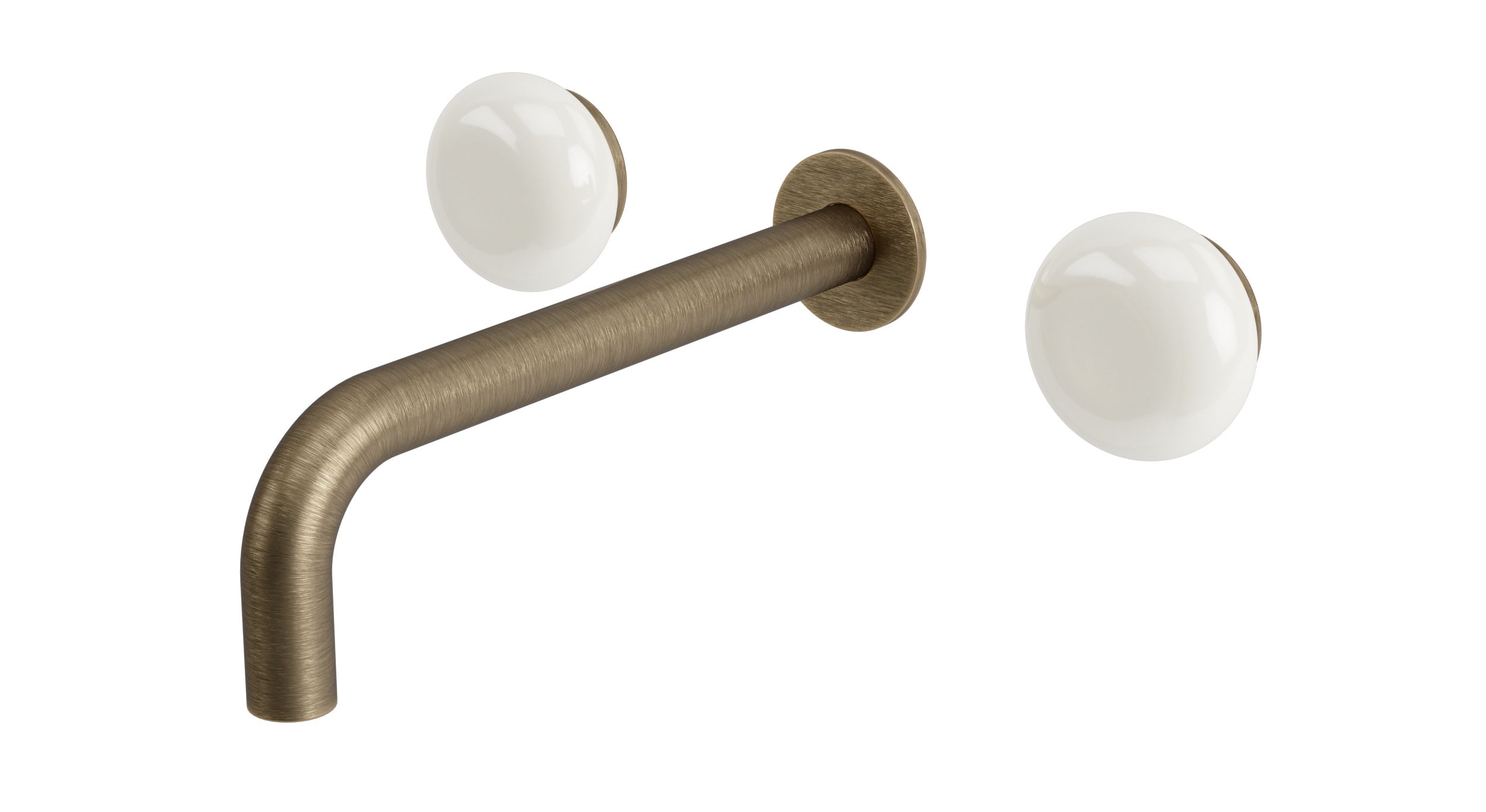 Foundry Two Handle Wall Mount 7.5" Lavatory Faucet with Pebble Ceramic Knob Handles in Antique Brass