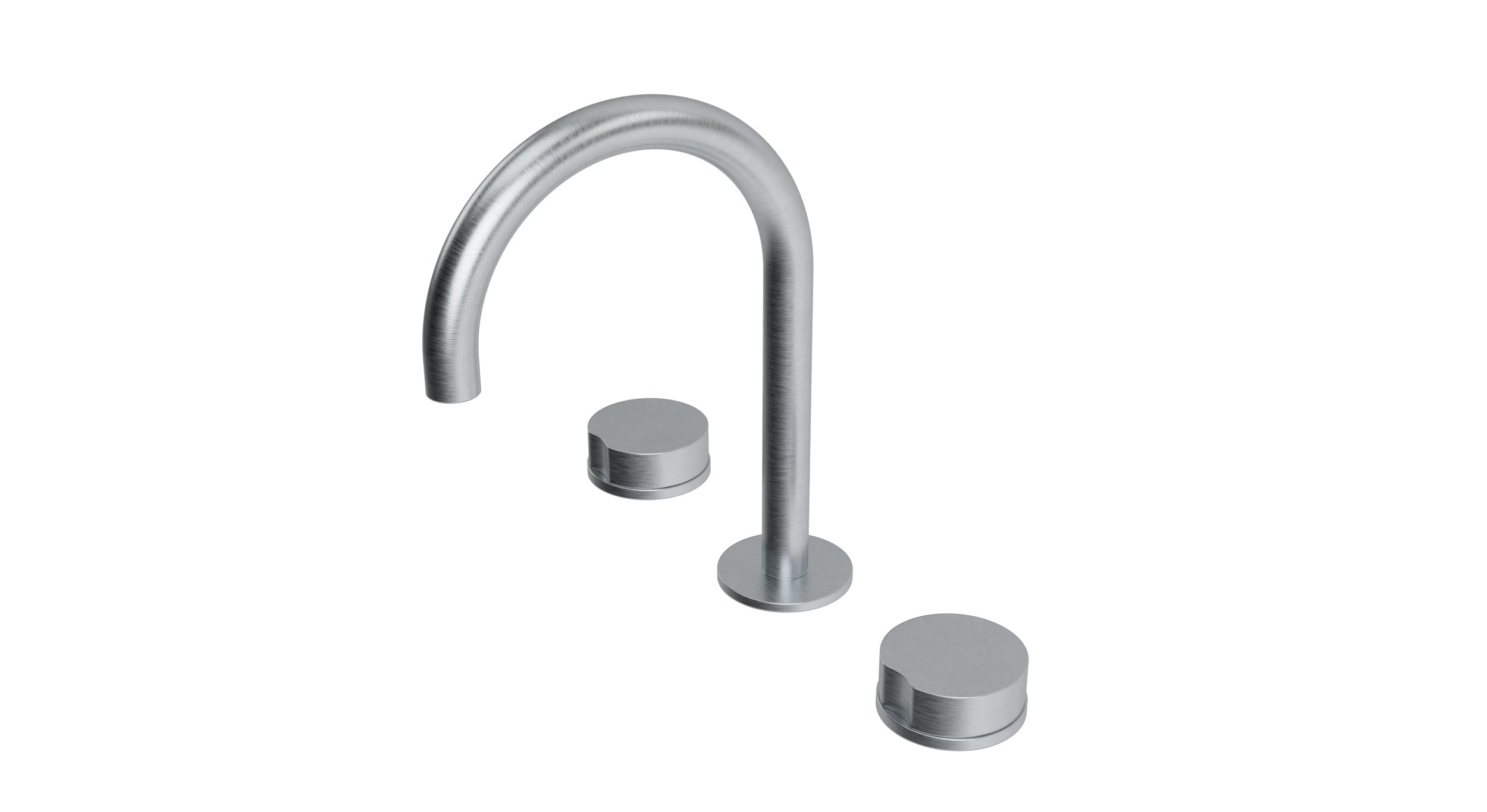 Foundry Two Handle Deck Mount Gooseneck Lavatory Faucet with Barrel Knob Handles in Satin Chrome