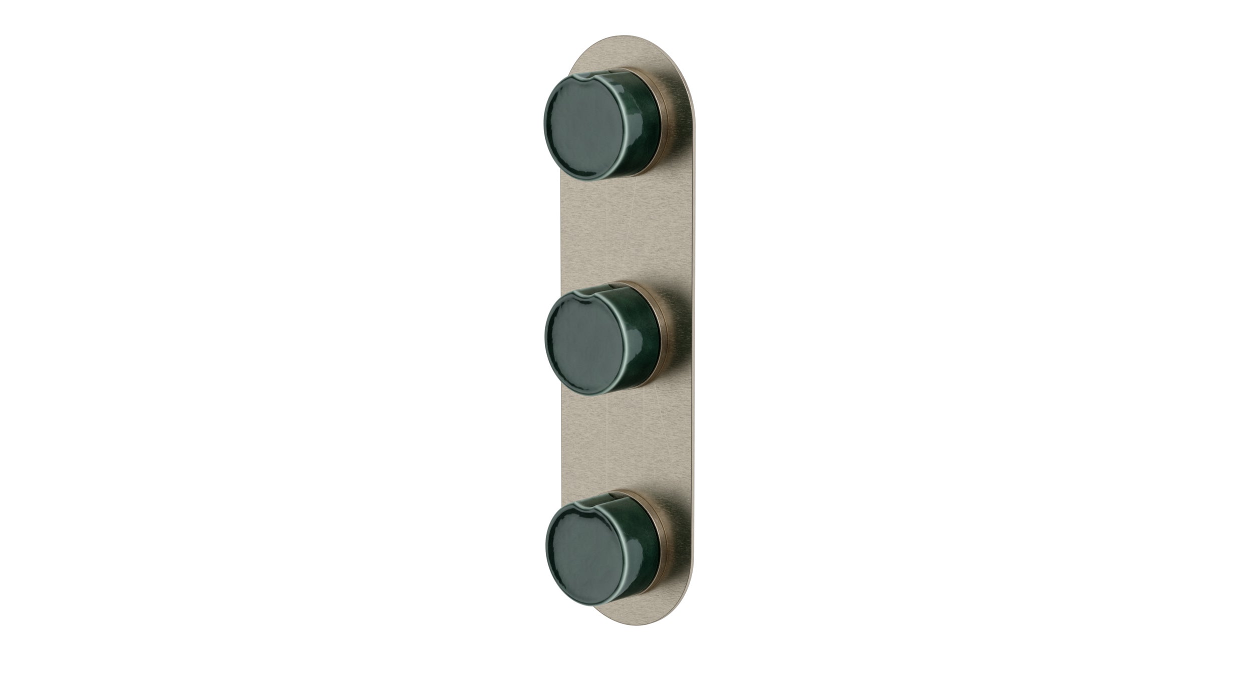 Foundry Three Handle Wall Mount Shower Trim with Groove Ceramic Knob Handles in Satin Nickel
