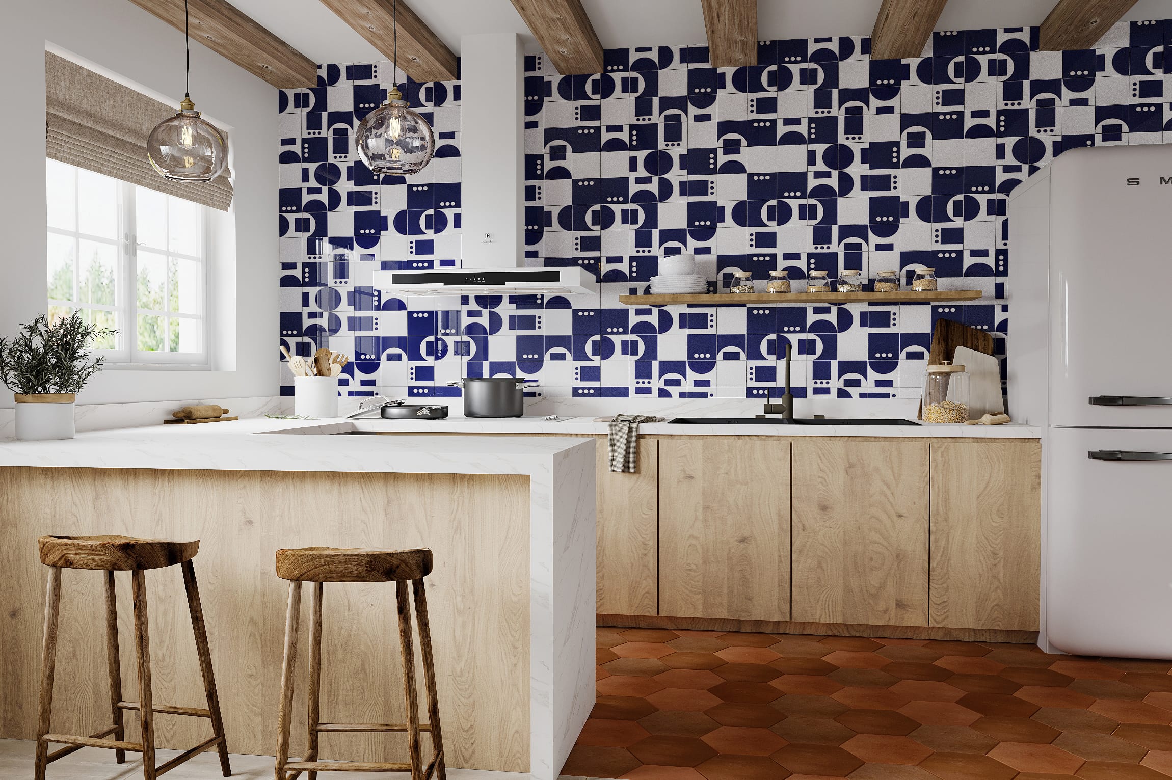 6x6 Handpainted Tile Dot Dash 3 in Lapis