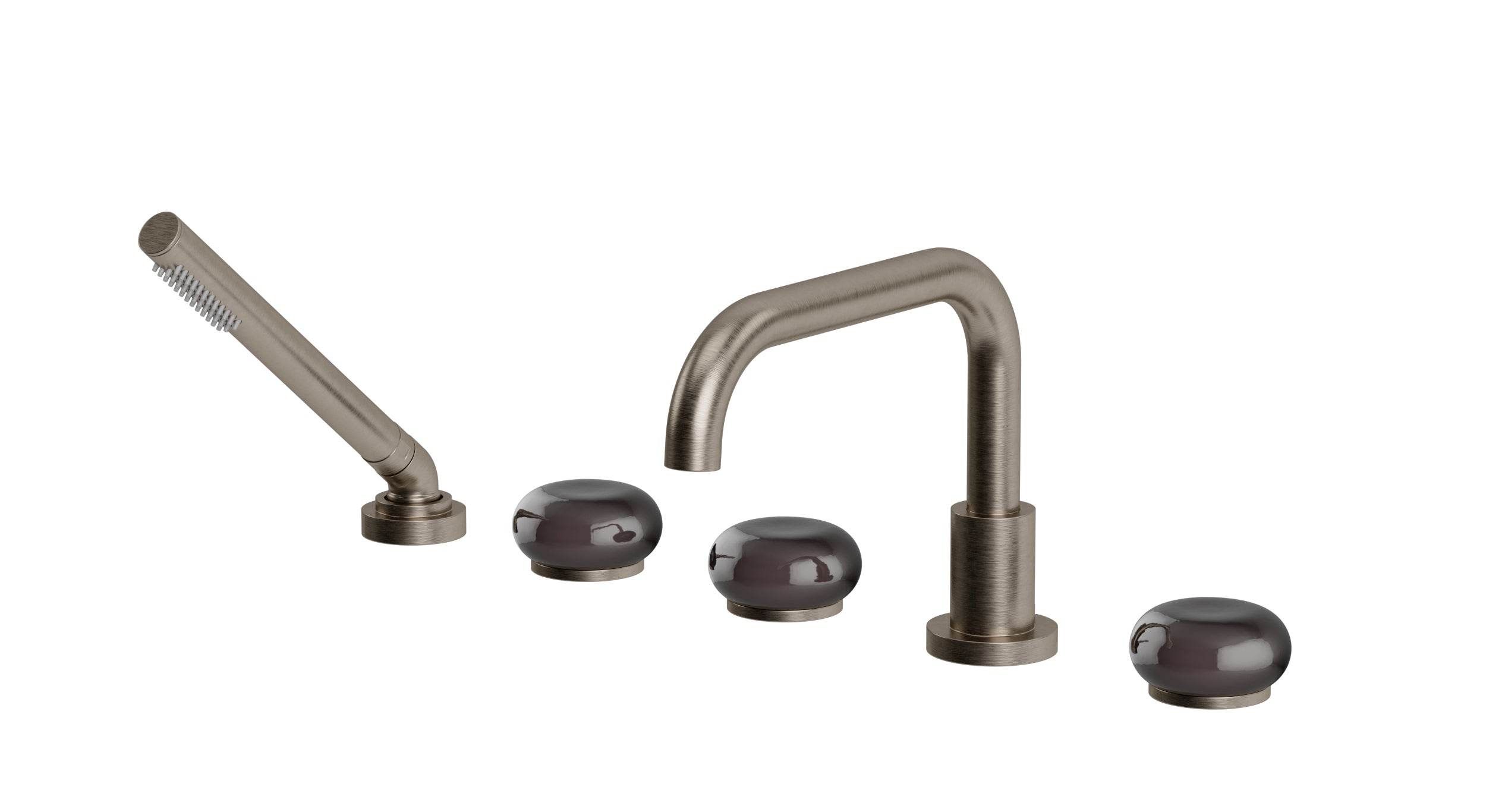 Foundry Three Handle Deck Mount Squaretop Bath Trim with Hand Shower and Pebble Ceramic Knob Handles in Antique Nickel