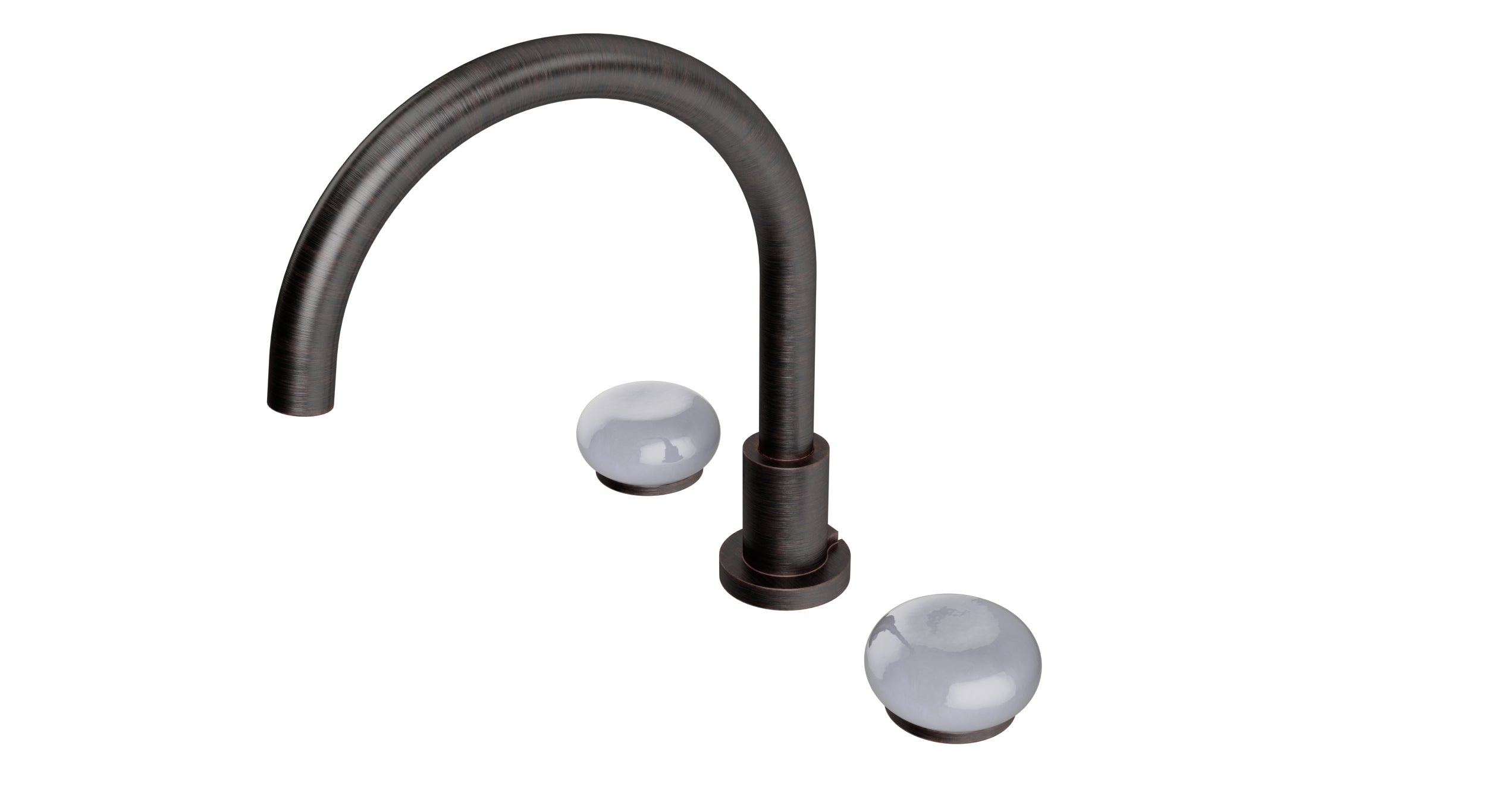 Foundry Two Handle Deck Mount Gooseneck Bath Trim with Pebble Ceramic Knob Handles in Antique Bronze