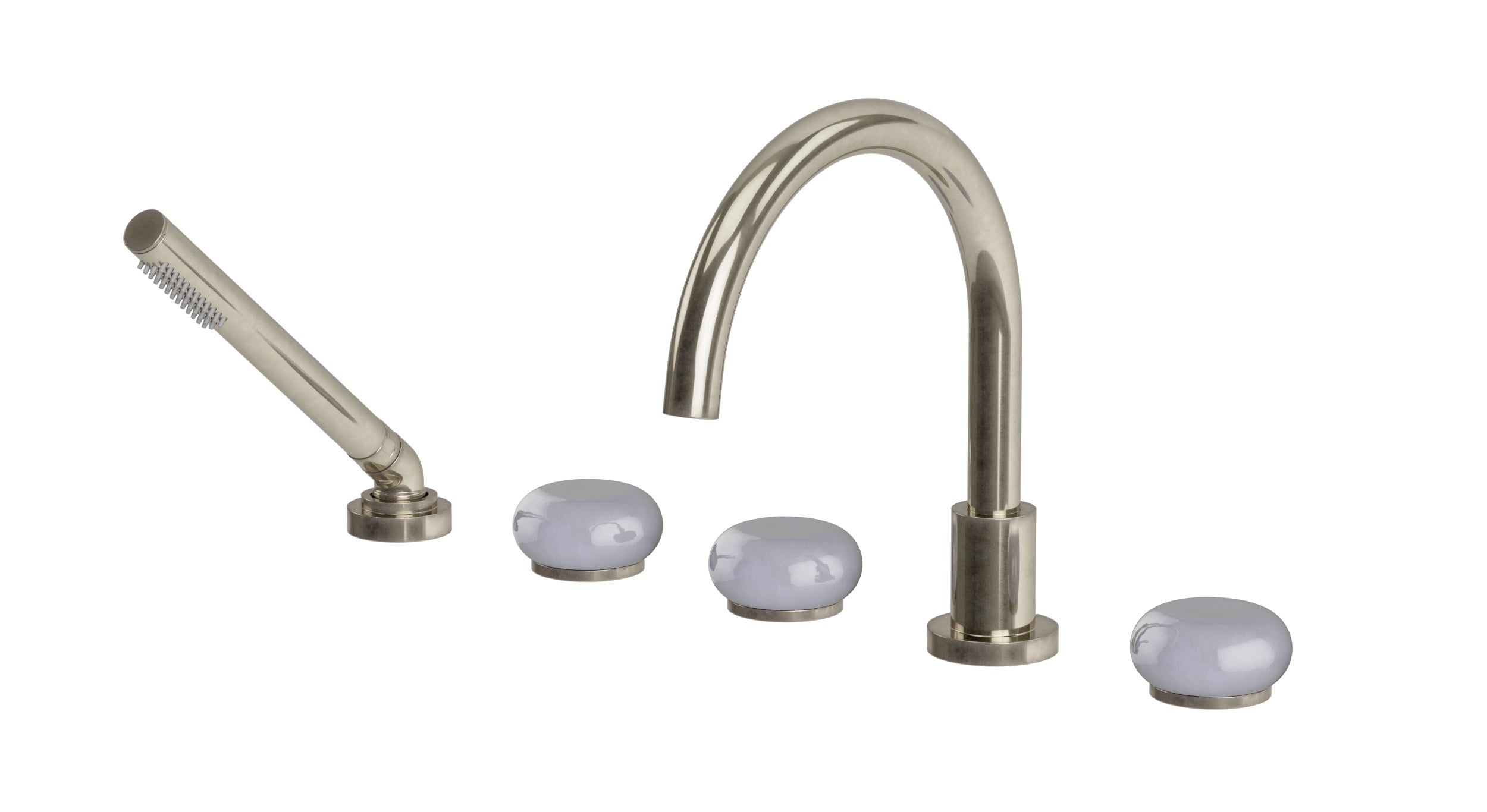 Foundry Three Handle Deck Mount Gooseneck Bath Trim with Hand Shower and Pebble Ceramic Knob Handles in French Nickel