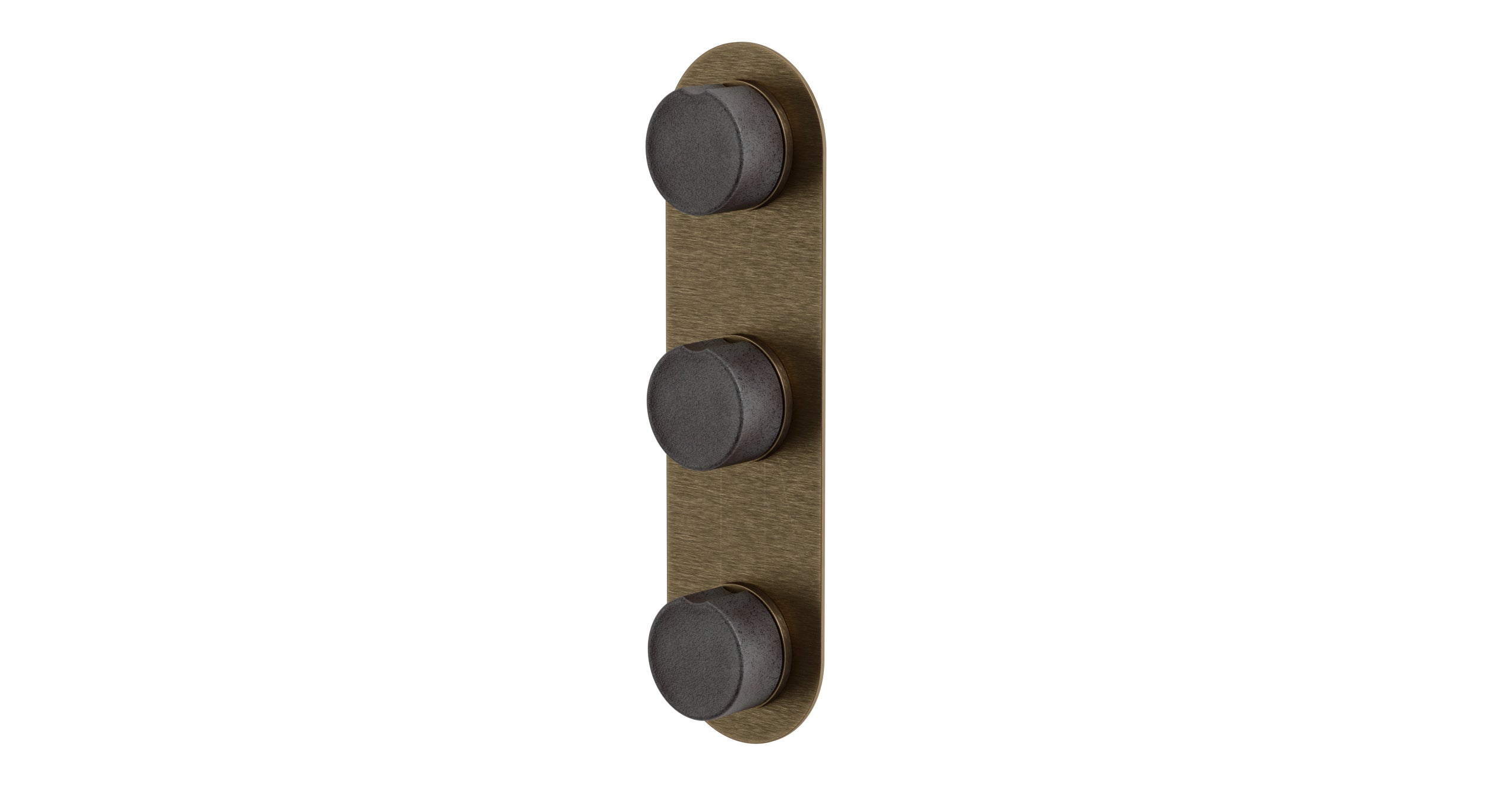 Foundry Three Handle Wall Mount Shower Trim with Groove Ceramic Knob Handles in Antique Brass