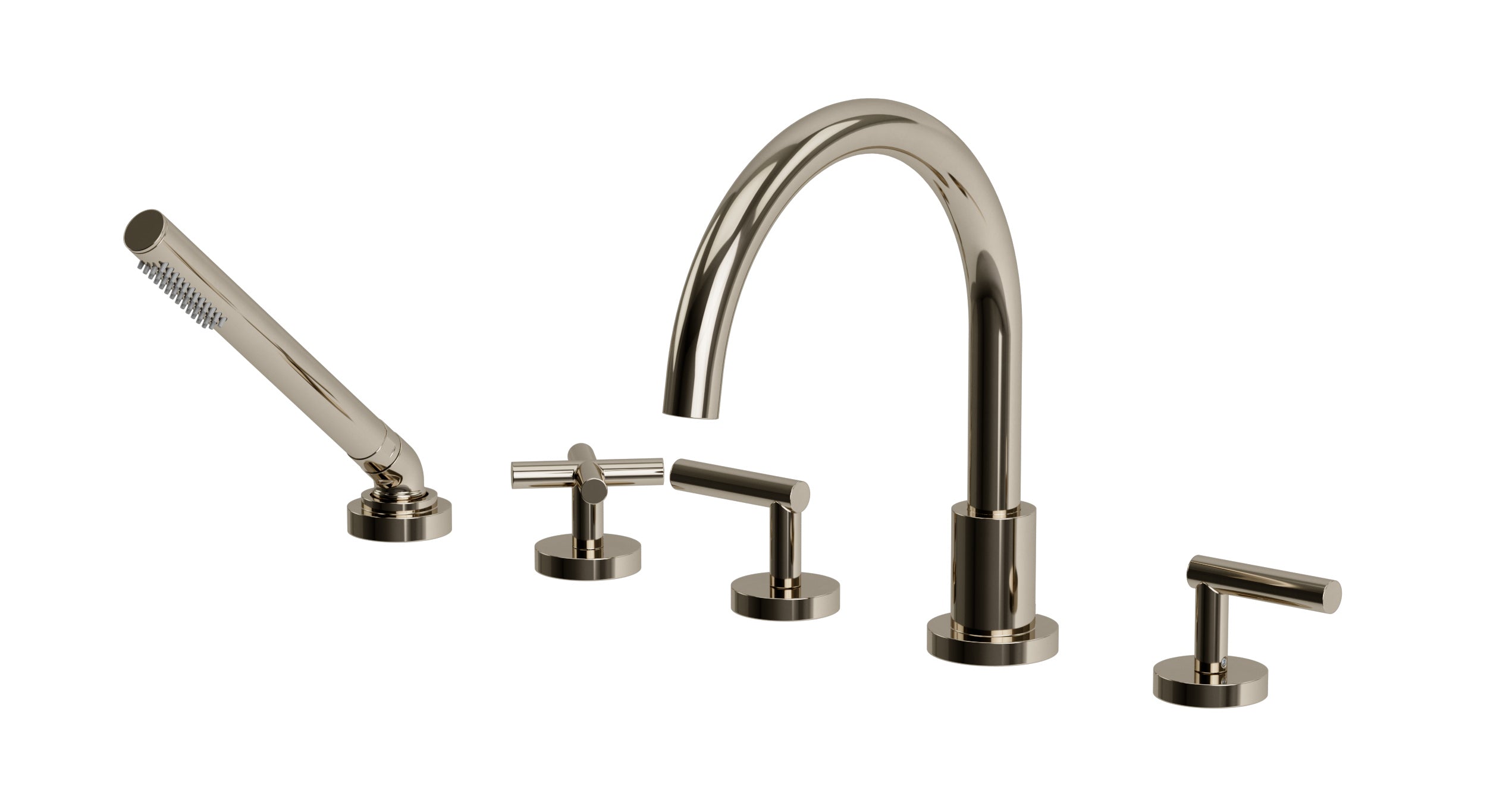 Contour Three Handle Deck Mount Gooseneck Bath Trim with Hand Shower and Soft Cross/Soft Lever Handles