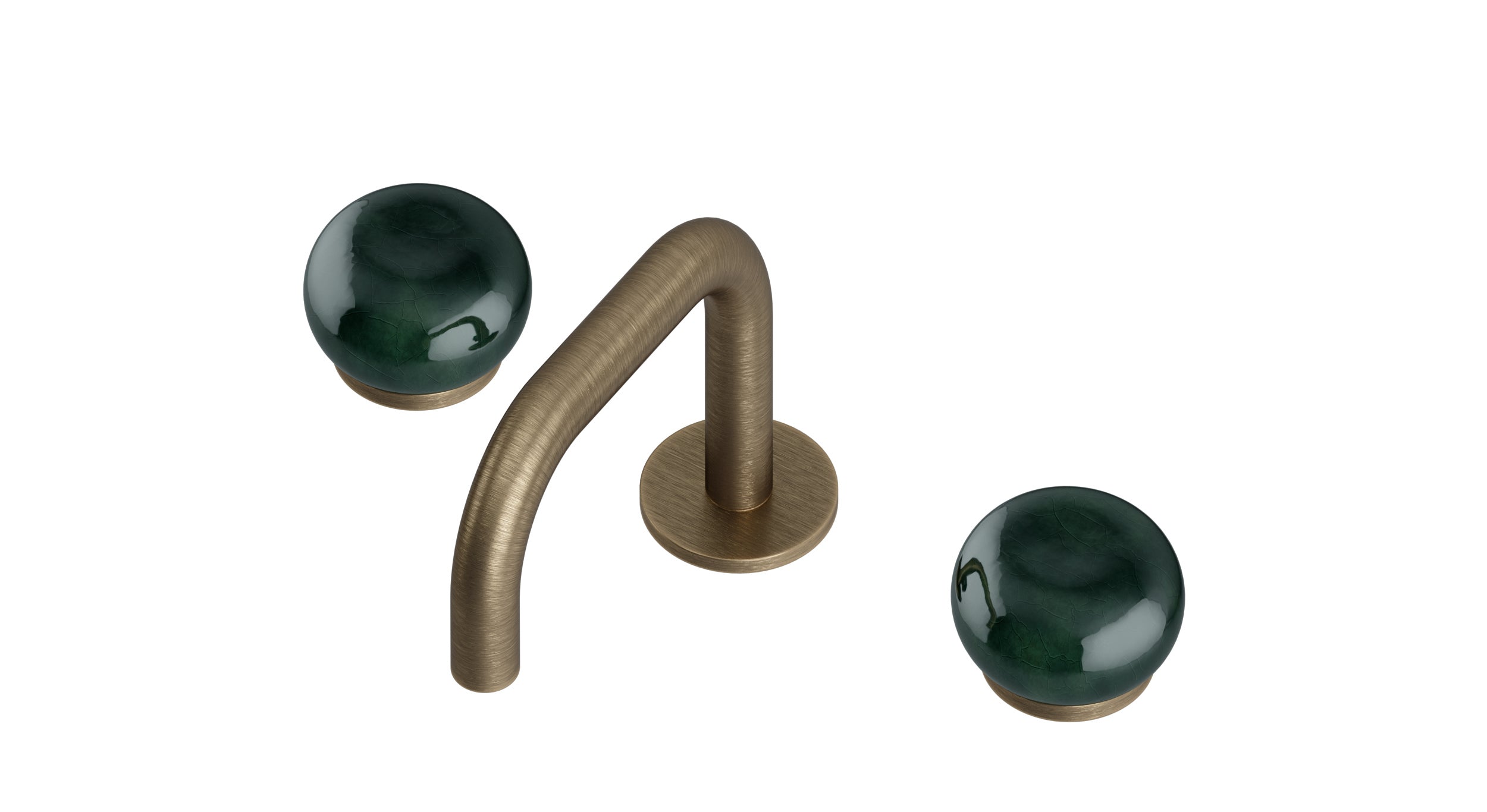 Foundry Two Handle Deck Mount Squaretop Lavatory Faucet with Pebble Ceramic Knob Handles in Antique Brass